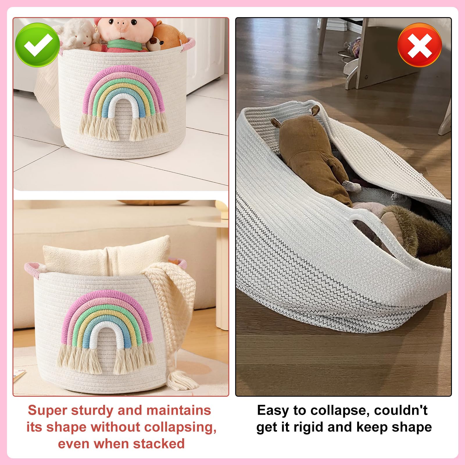 Toy Storage Baskets Woven Cotton Rope Storage Basket with 3D Rainbow Decor for Kids Multifunctional Blanket Baskets for Living Room Toys Organizer with Handle for Gifts Girls Baby Hamper Nursery - Image 4