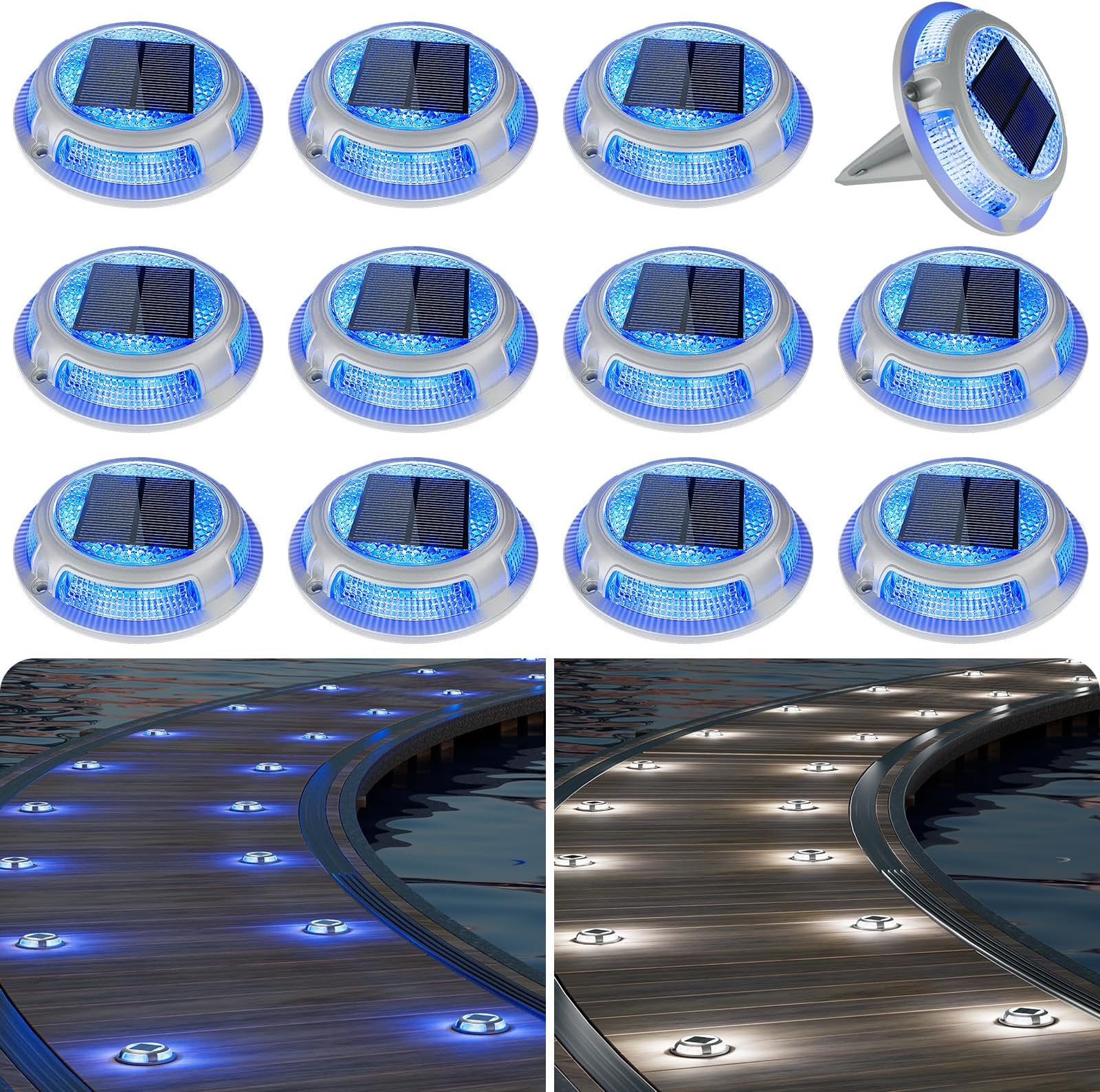 VOLISUN Solar Driveway & Deck Lightsโ12 Pack Waterproof Dock & Marine Ground Lights,2-in-1 Blue & White LED,Solar Marker Lights for Pathways,Steps,and Warning Signs