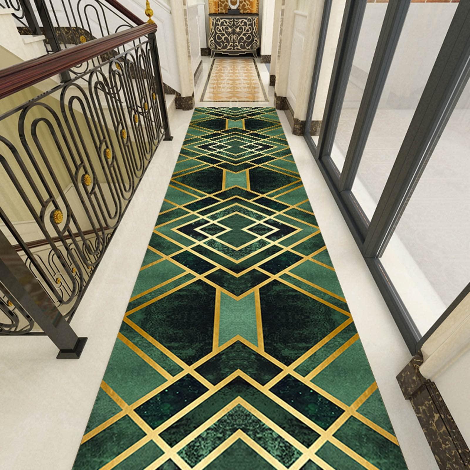 Yjrbz Green Runner Rug For Hallway Stair, Geometric Pattern Carpet Runner For Corridor Kitchen Very Long Carpets With Non-Slip Backed Floor Mat Home Decor (Size : 60X200cm/2Ftx6.6ft)