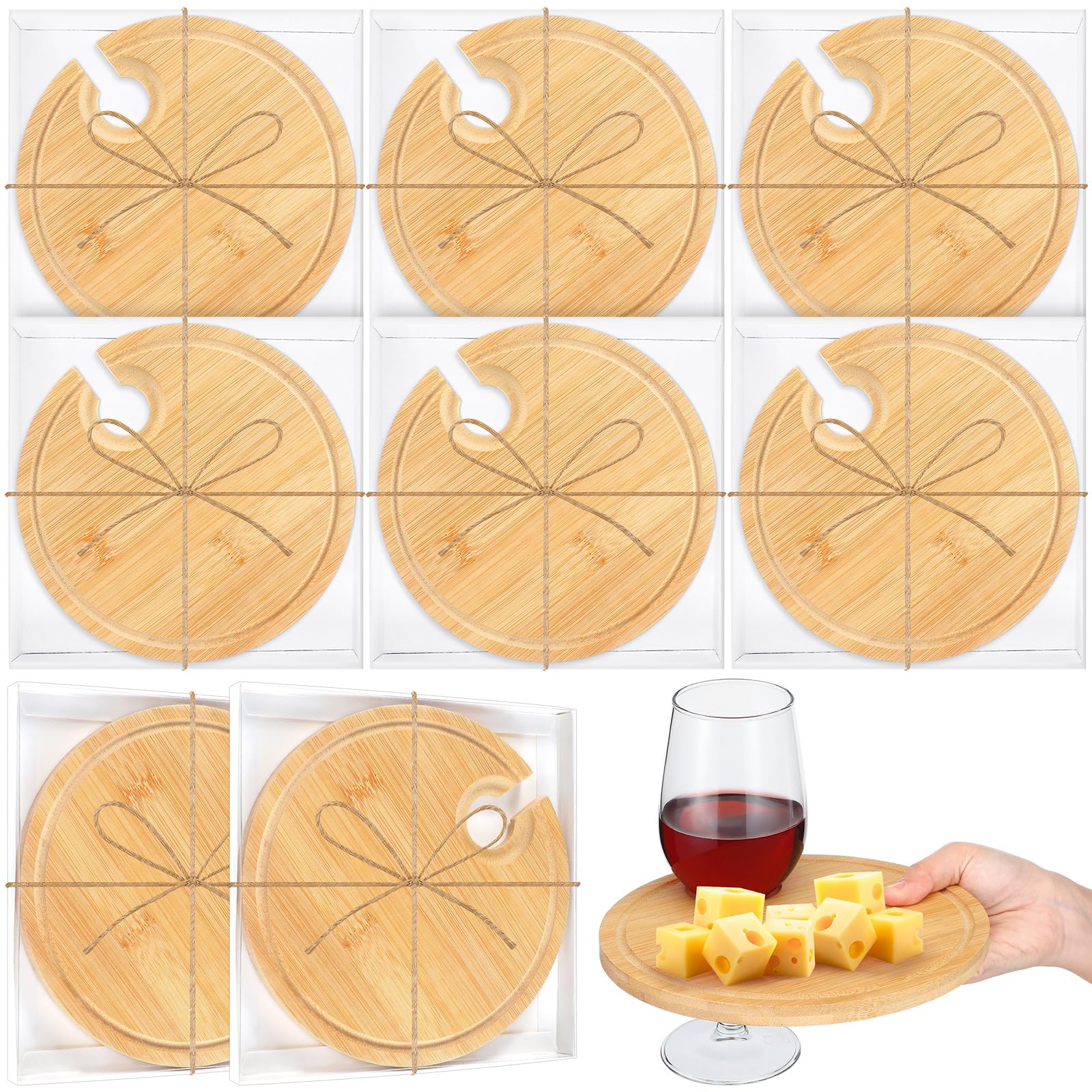 Menkxi 6er-Set Wein-Vorspeisenteller, Mini-Charcuterie-Bretter mit Glashalter und Box, Geschenke für Brautparty, Spielpreise, Cocktail-Käseteller aus Holz für Gäste, Babyparty (rund, helle Farbe)