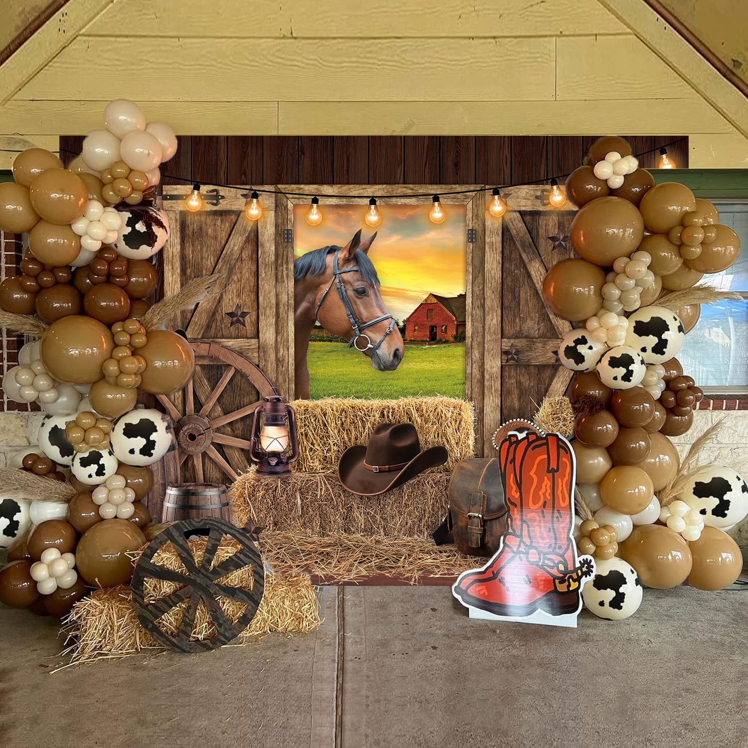 Toile de Fond de Cowboy Occidentale en Bois Rustique pour Enfants et Adultes - Décoration de fête prénatale (210 x 150 cm)