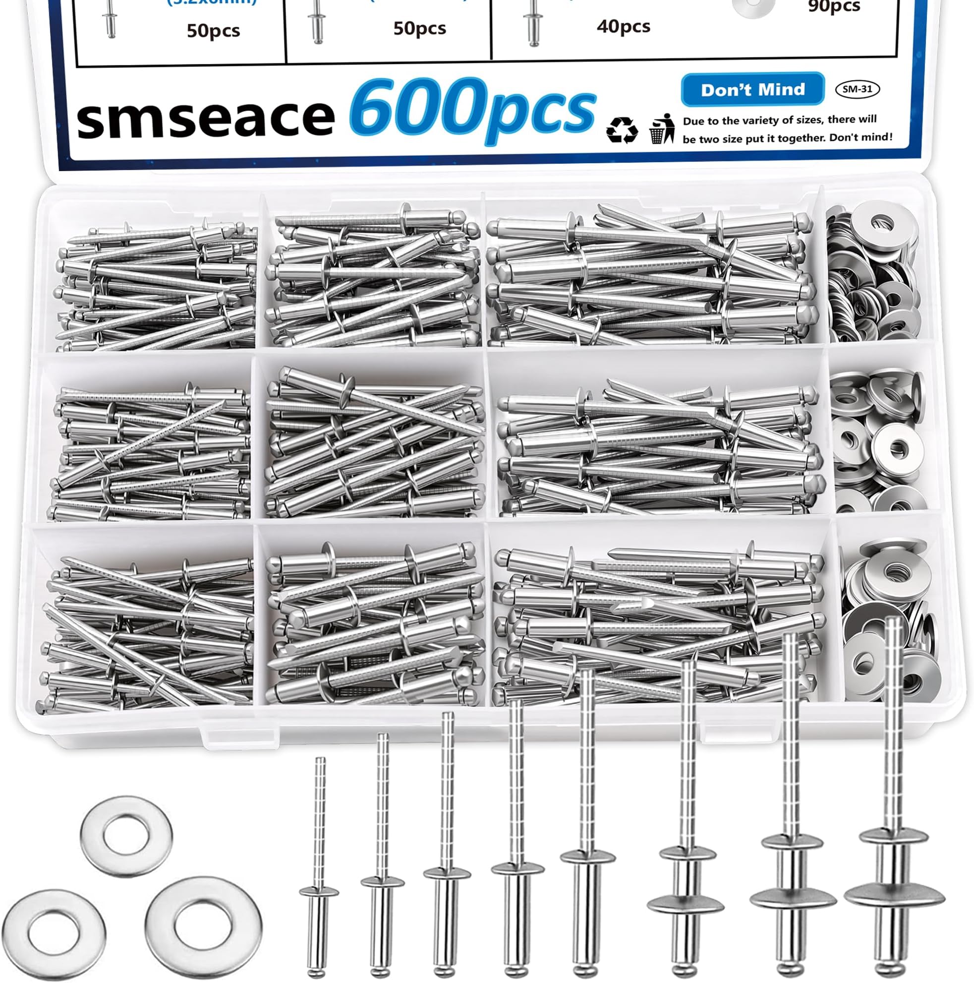 smseace 600Pcs 304 Stainless Steel Pop Rivets with Washer Assortment Kit 8-Sizes Stainless Rivets(1/8Inch 5/32Inch 3/16Inch) for Metal,Furniture,Automotive,Instruments