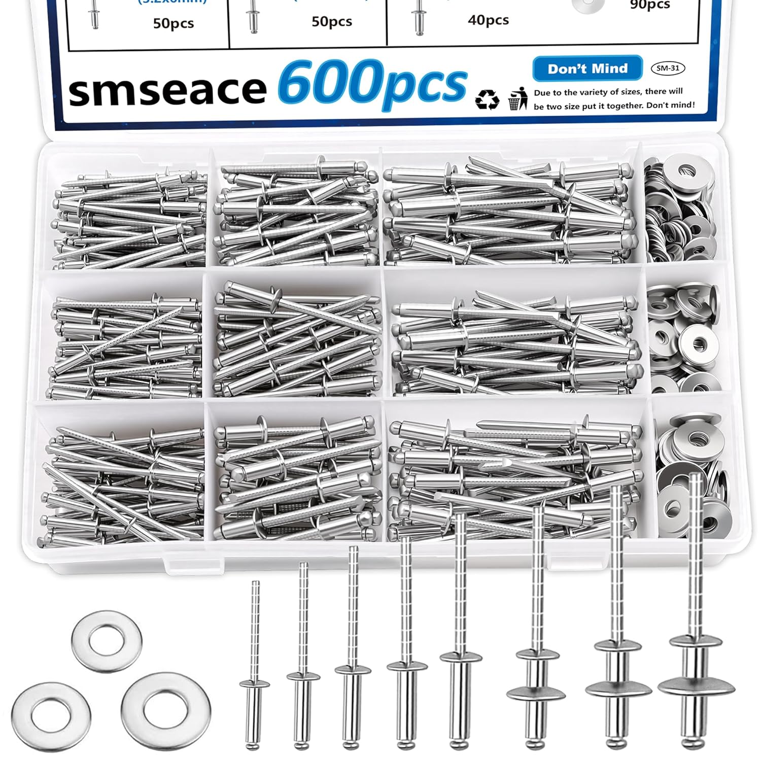 smseace 600Pcs 304 Stainless Steel Pop Rivets with Washer Assortment Kit 8-Sizes Stainless Rivets(1/8Inch 5/32Inch 3/16Inch) for Metal,Furniture,Automotive,Instruments
