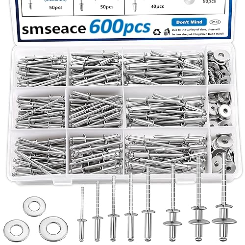 Miniatura 8 de smseace Kit surtido de 780 remaches de aluminio negro con arandelas, 14 tamaños de remaches SAE (3/32, 1/8, 5/32, 3/16, 1/4 pulgadas) para metal