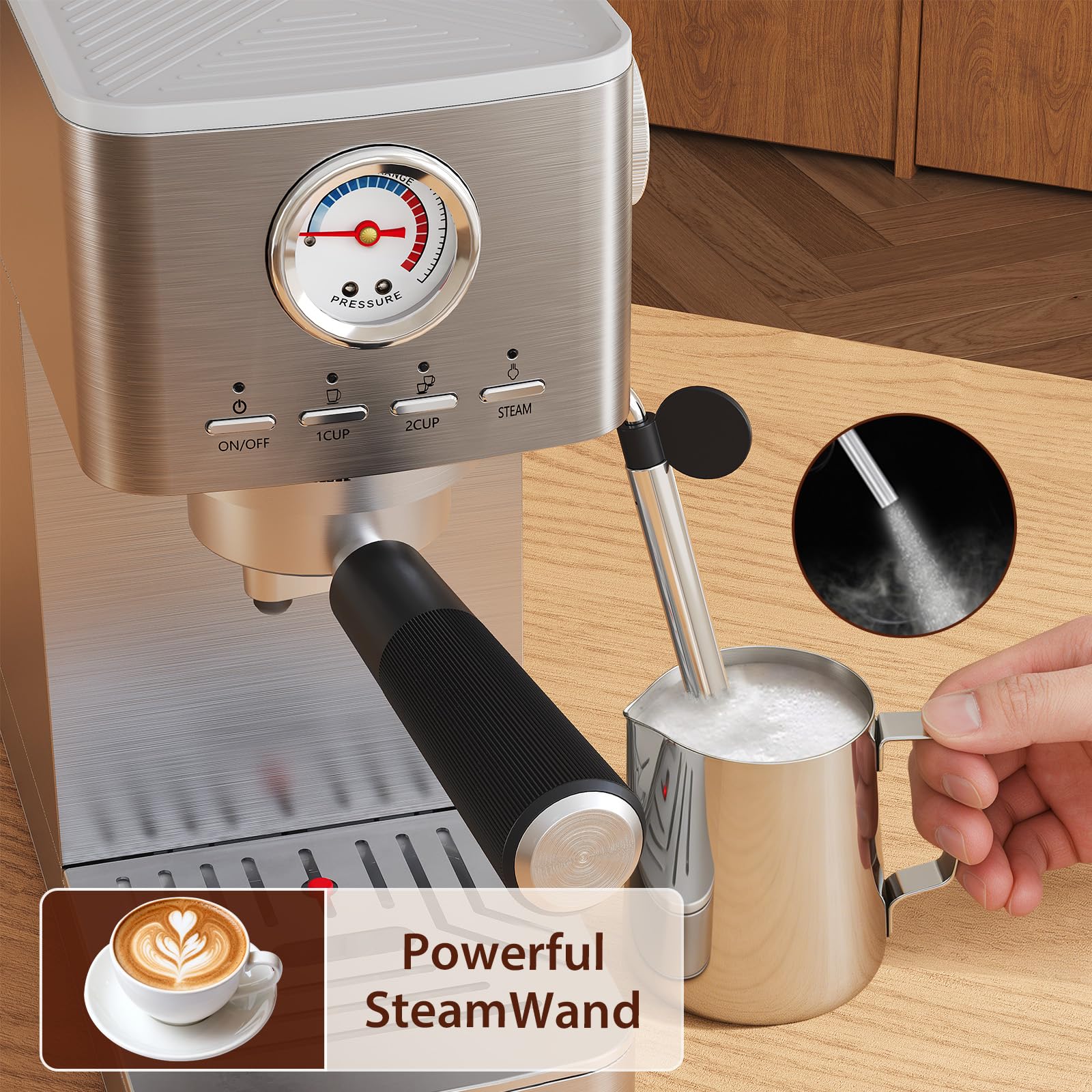 Macchina da caffè espresso 20 bar con trituratore, macchina da caffè espresso semi-automatica in acciaio inox con montalatte, temperatura e volume di tazza regolabili,1,4 l serbatoio rimovibile per