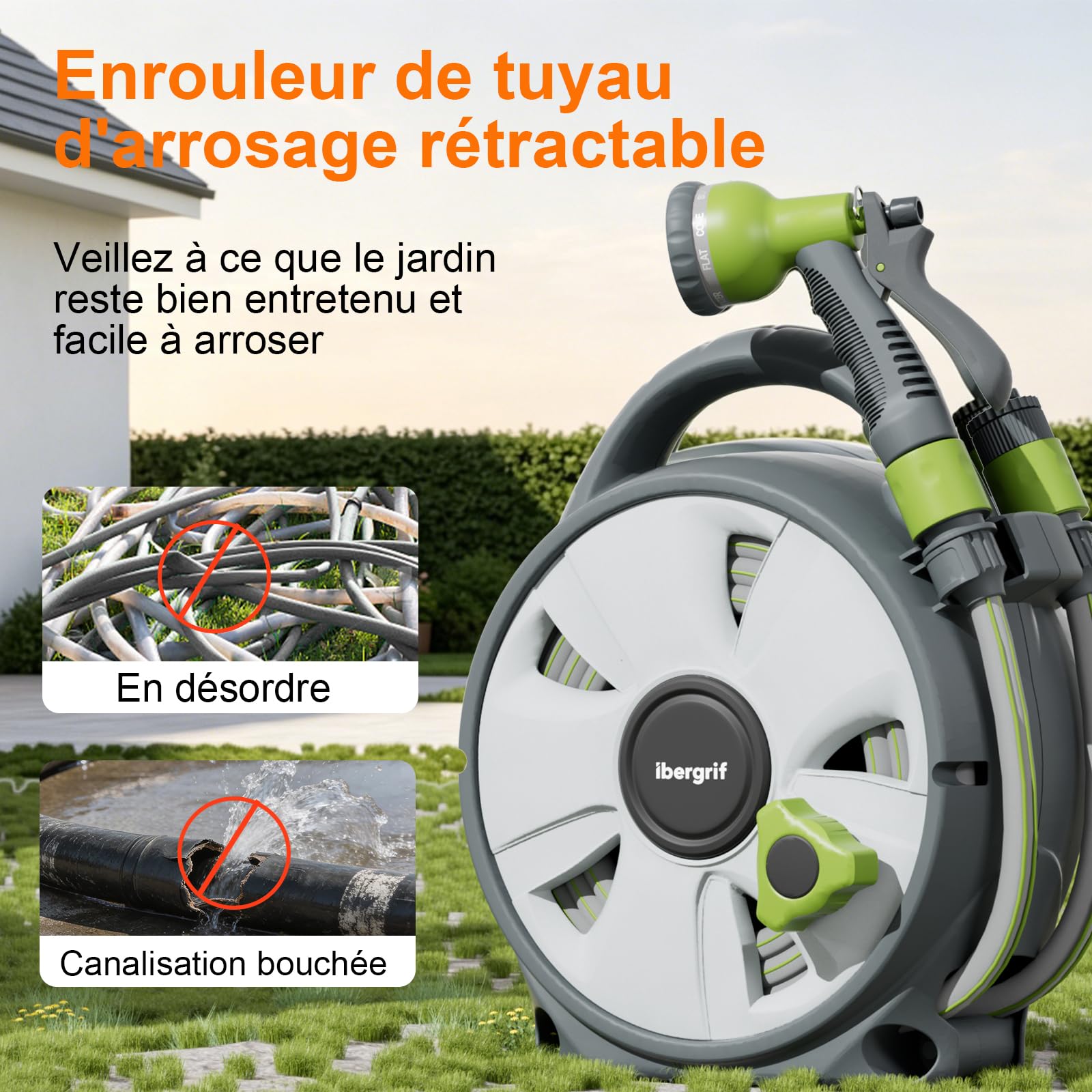 Ibegrif M22220 Enrouleur de tuyau d'arrosage 10m Avec Pistolet d'arrosage à 8 Fonctions, Portable et Facile à Ranger, Gris/Vert