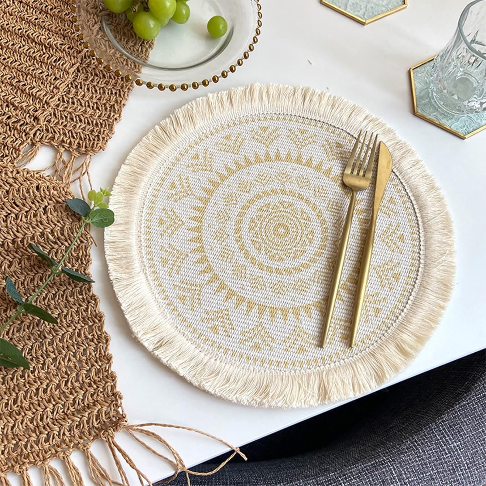 Set di 6 tovagliette gialle, 33 cm, desk opaco, motivo geometrico, fiori, poliestere cotone