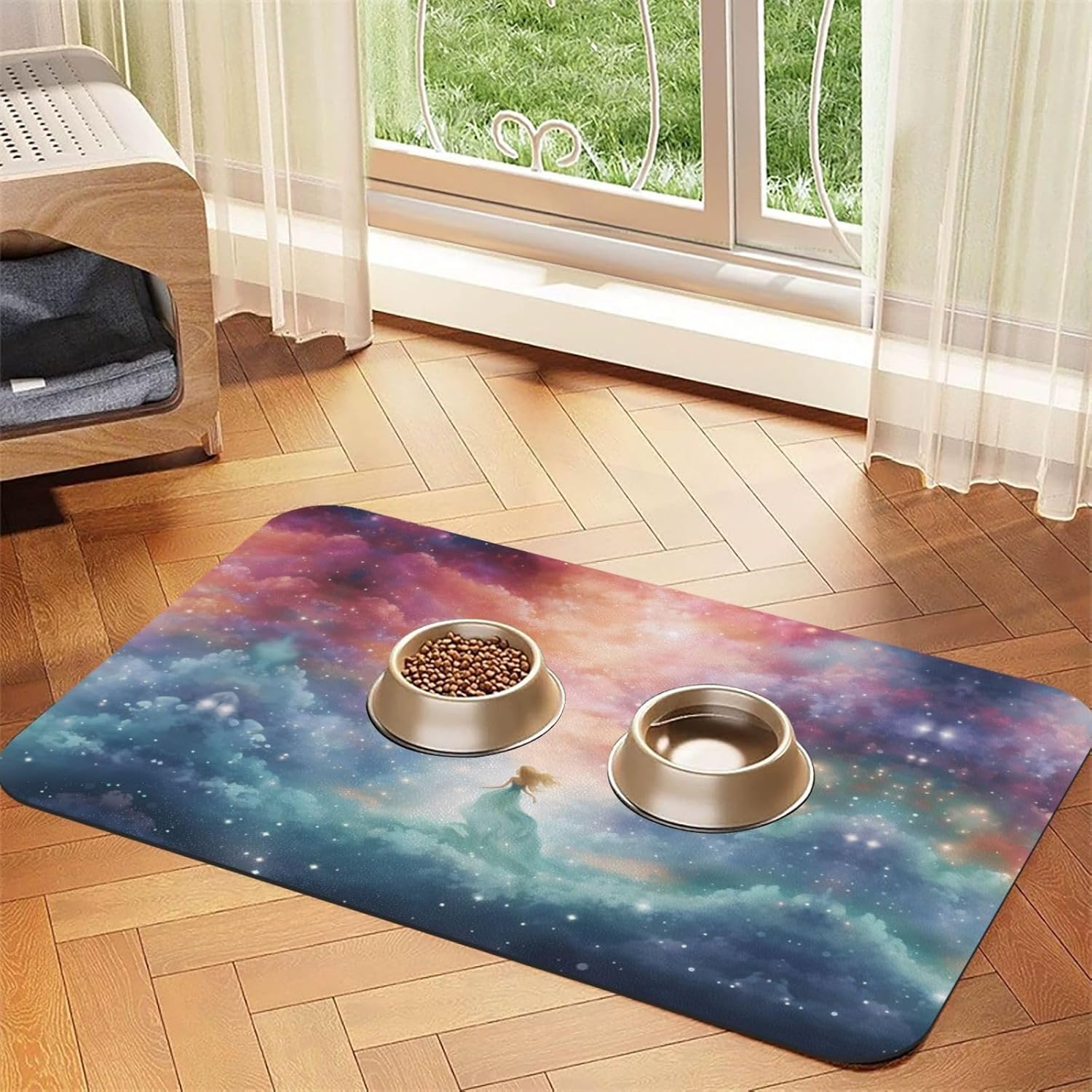 40x60cm Pet Absorbent Feeding Mat - Fantasy Paradise Space Print Leather Non-Slip Placemat, for Dog Cat Food and Water Bowl Pads