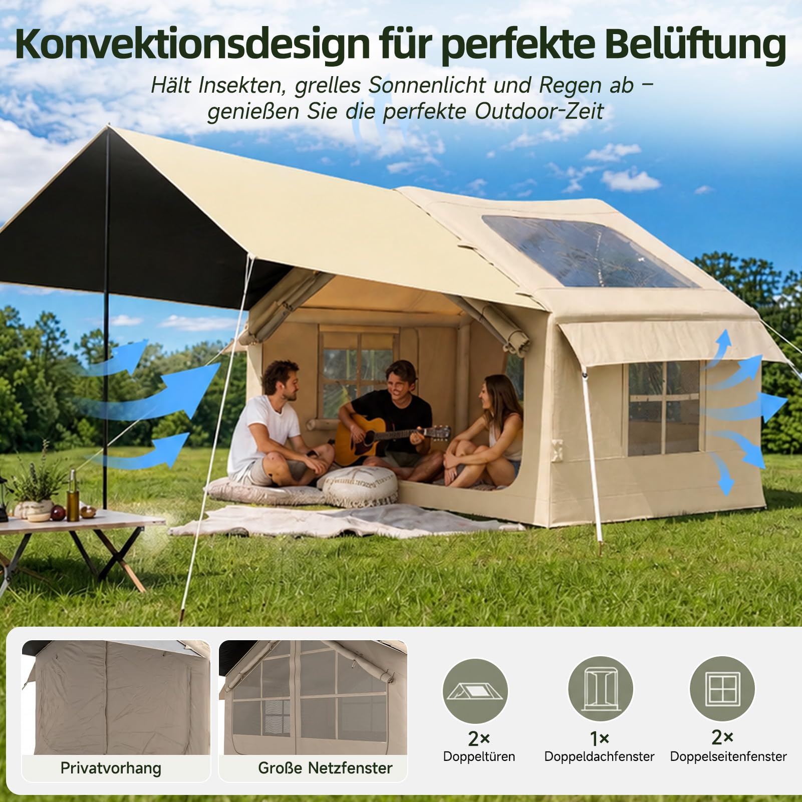HAUSPROFI Aufblasbares Zelt für 2-4 Personen, Campingzelt mit Dachfenster & Kaminöffnung & Luftpumpe, Outdoor Zelt aus Wasserdichtem Oxford-Stoff, Schneller Aufbau