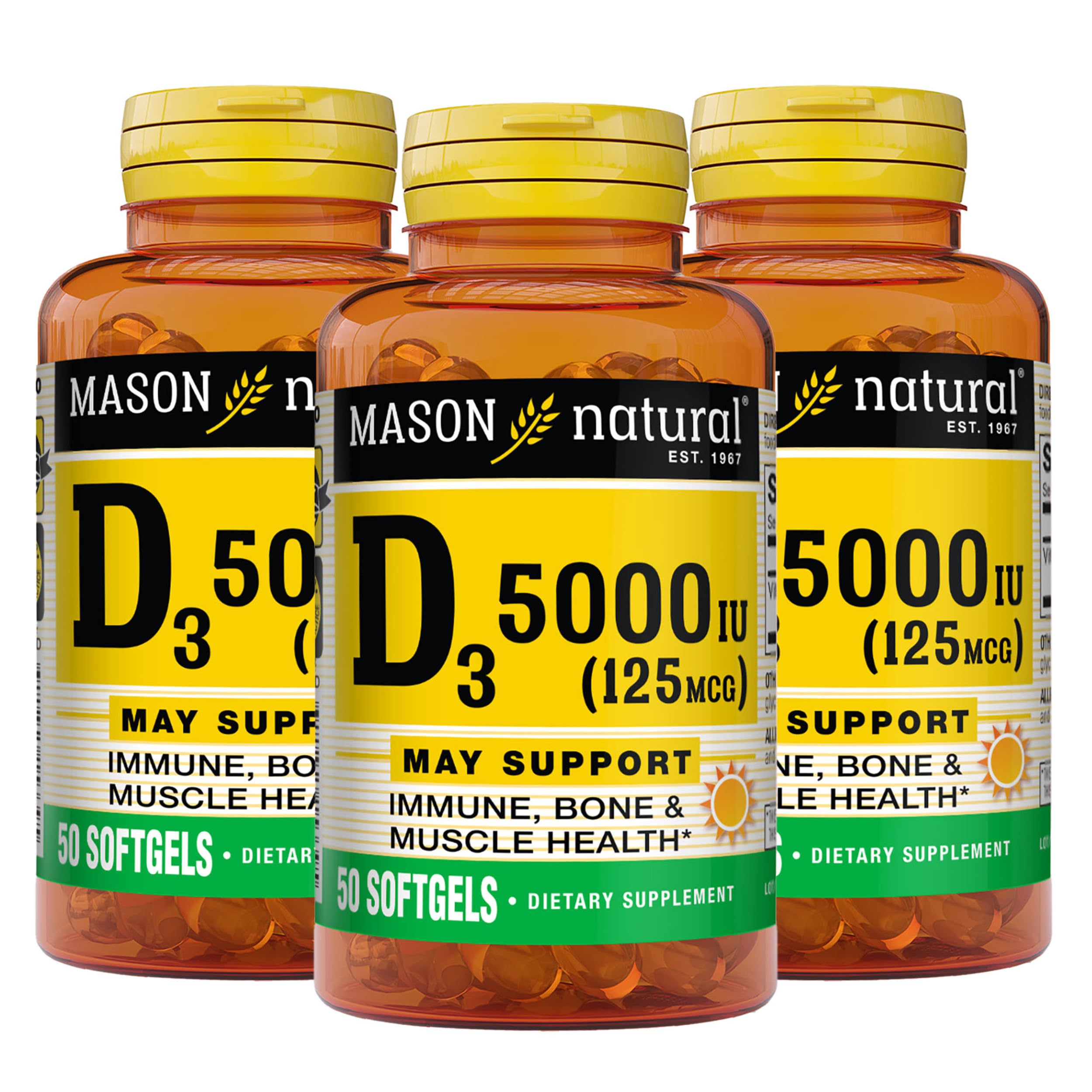 MASON NATURAL Vitamin D3 125 mcg (5000 IU) - Supports Overall Health, Strengthens Bones and Muscles, from Fish Liver Oil, 50 Softgels (Pack of 3) D5000 50 Count (Pack of 3)