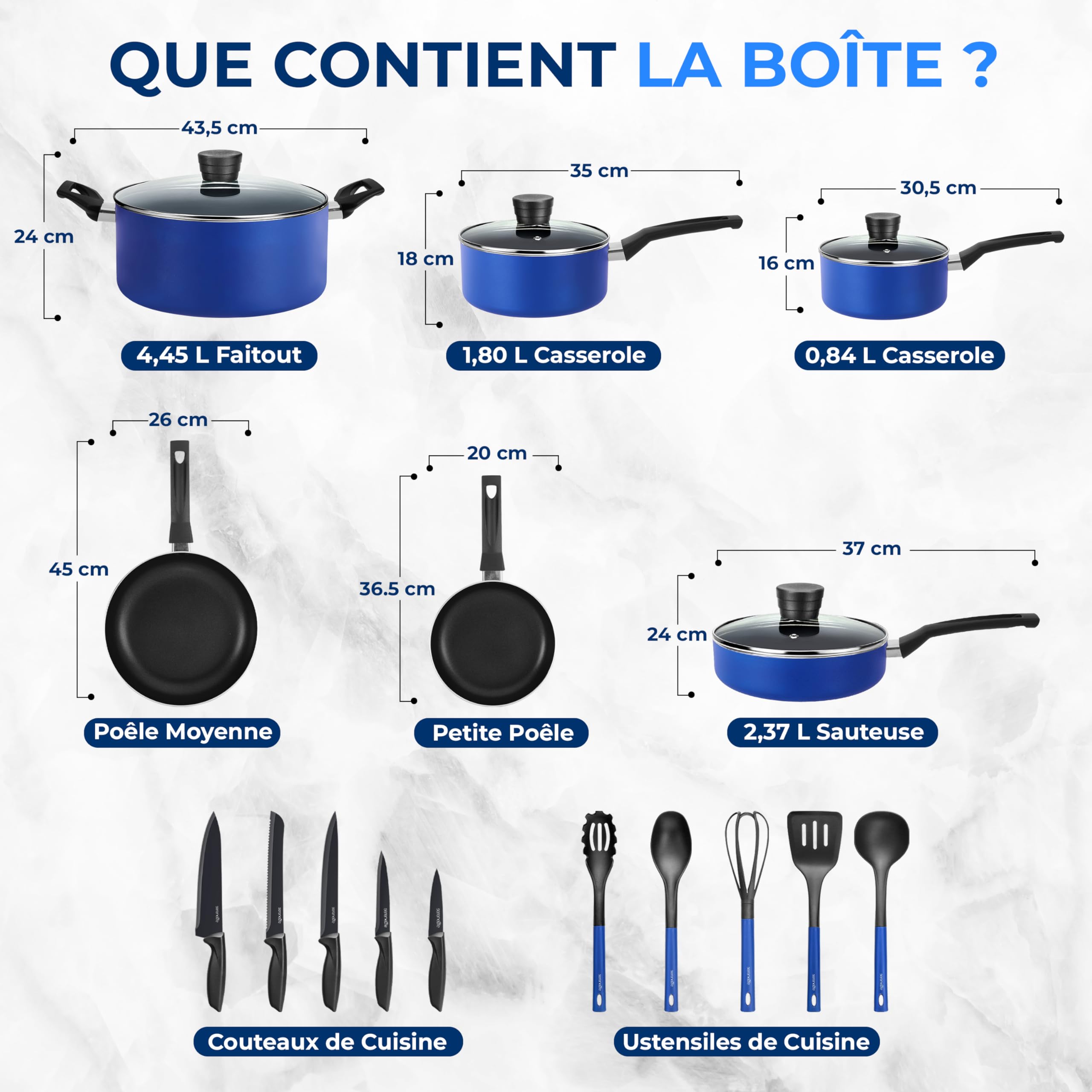 SereneLife Batterie de Cuisine 20 Pcs – Set de Casseroles, Poêles et Faitout Antiadhésif, Inclut Couvercles, Ustensiles et Couteaux, Compatible Gaz, Électrique et Lave-Vaisselle, Résistante Chaleur