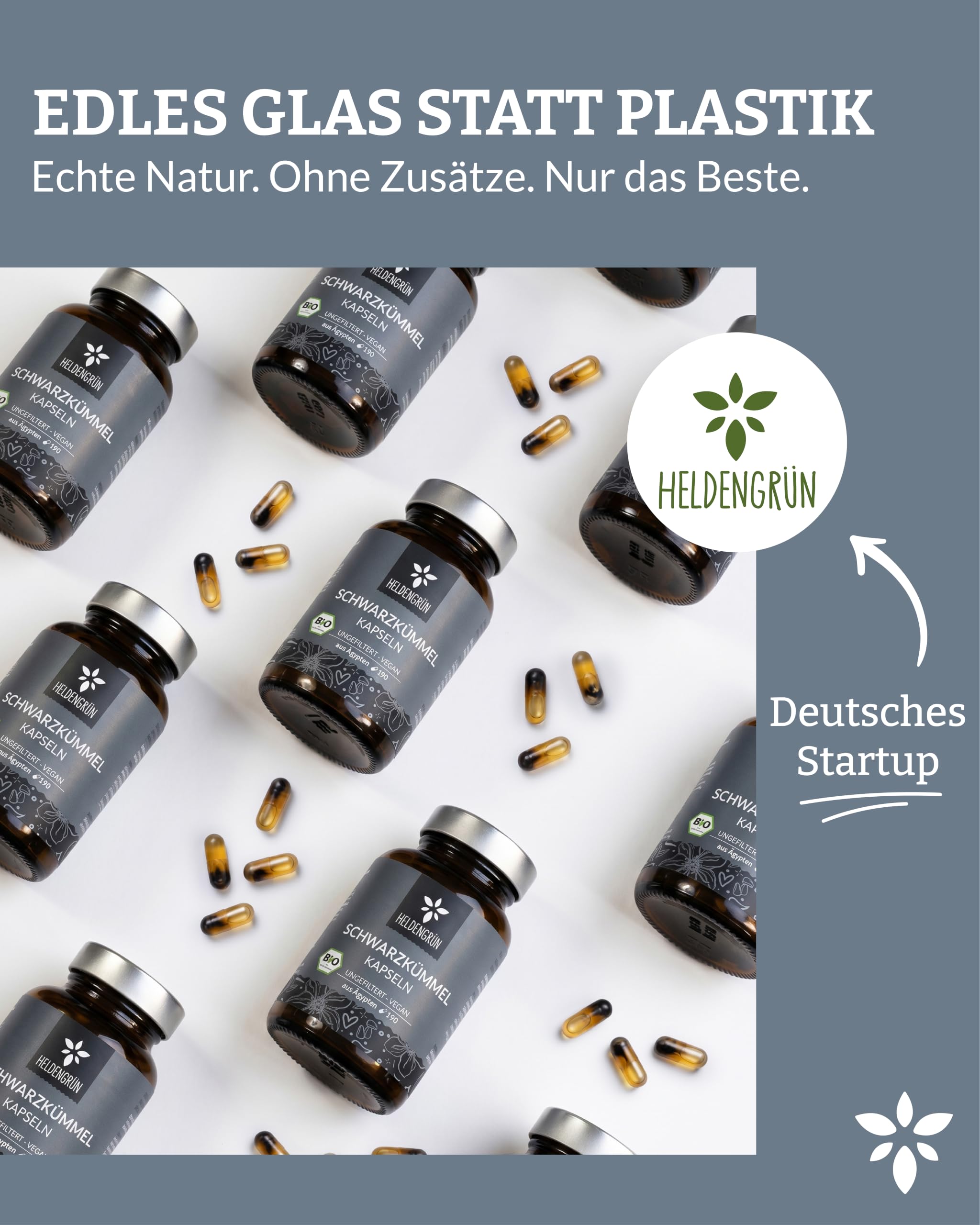 Heldengrün® BIO Schwarzkümmelöl Kapseln [HOCHDOSIERT] 3x190 St. | Kaltgepresst aus Ägypten · 3-Monats-Vorrat pro Dose · Laborgeprüft · vegan & magensaftresistent · Deutsches Startup