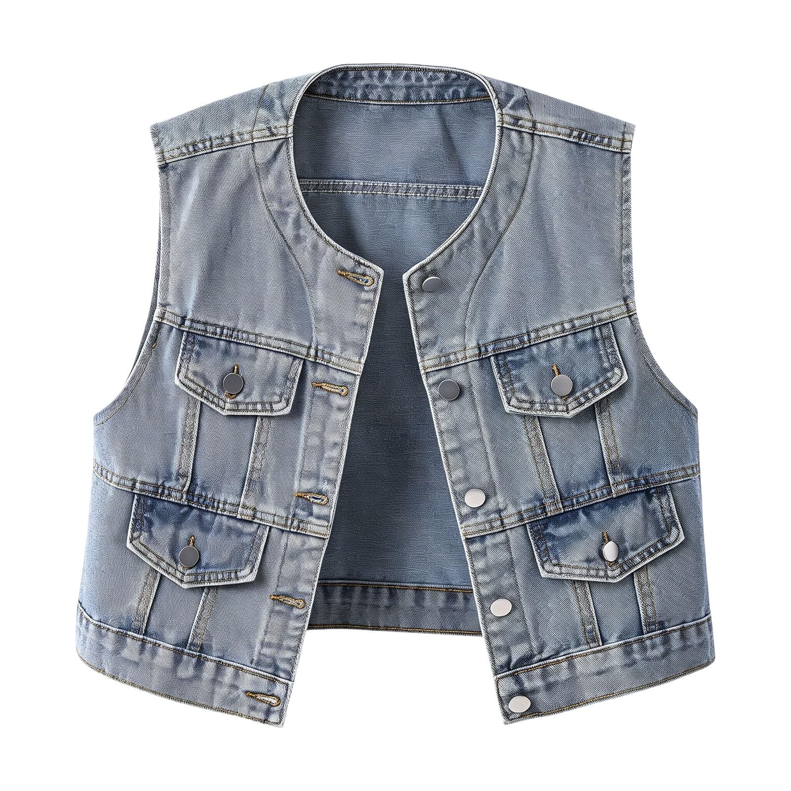 Generisch Chaleco vaquero para mujer, sin mangas, cuello redondo, chaqueta de estilo urbano, retro, para tiempo libre, chaqueta vaquera, holgada, transpirable