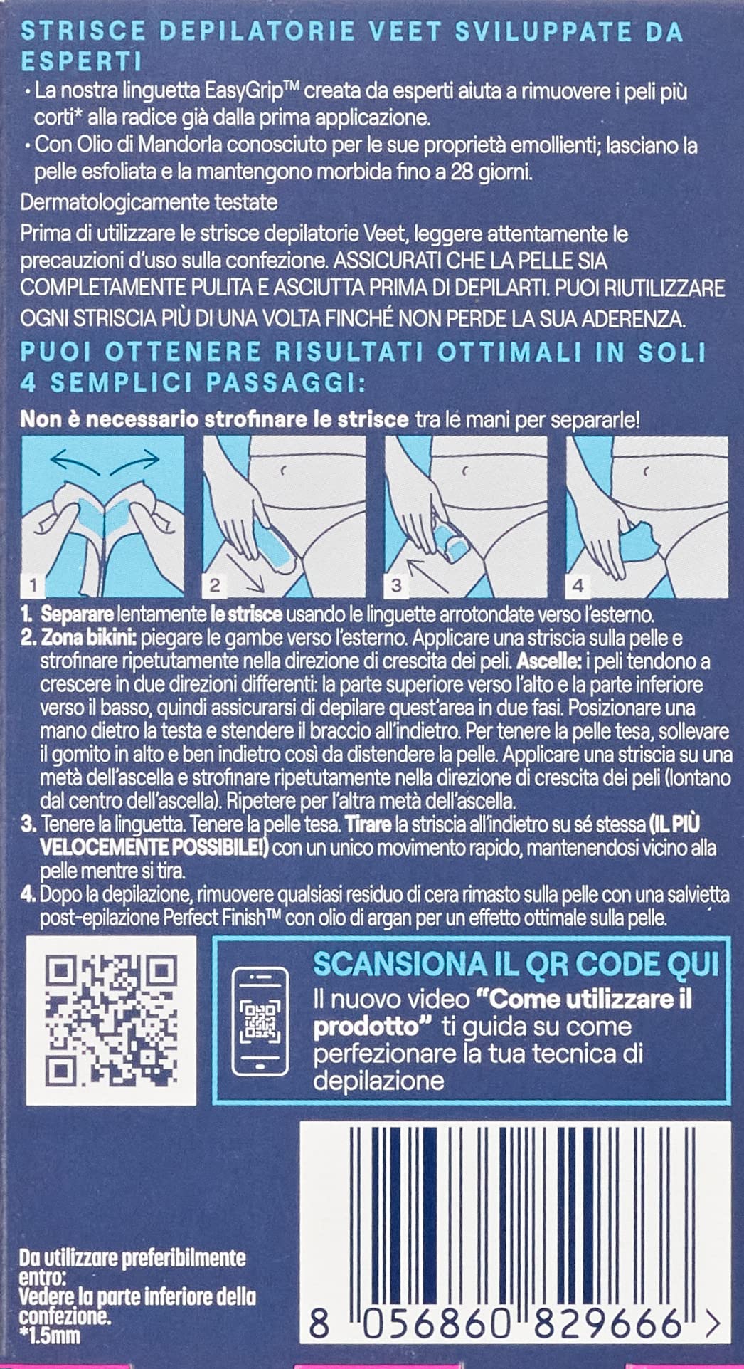 Veet Expert Paski do depilacji pod pachami i okolicami Bikini, woskowanie do skóry wrażliwej z olejkiem migdałowym, testowane dermatologicznie, 3 opakowania po 8 x 2 paski + 9 chusteczek po depilacji