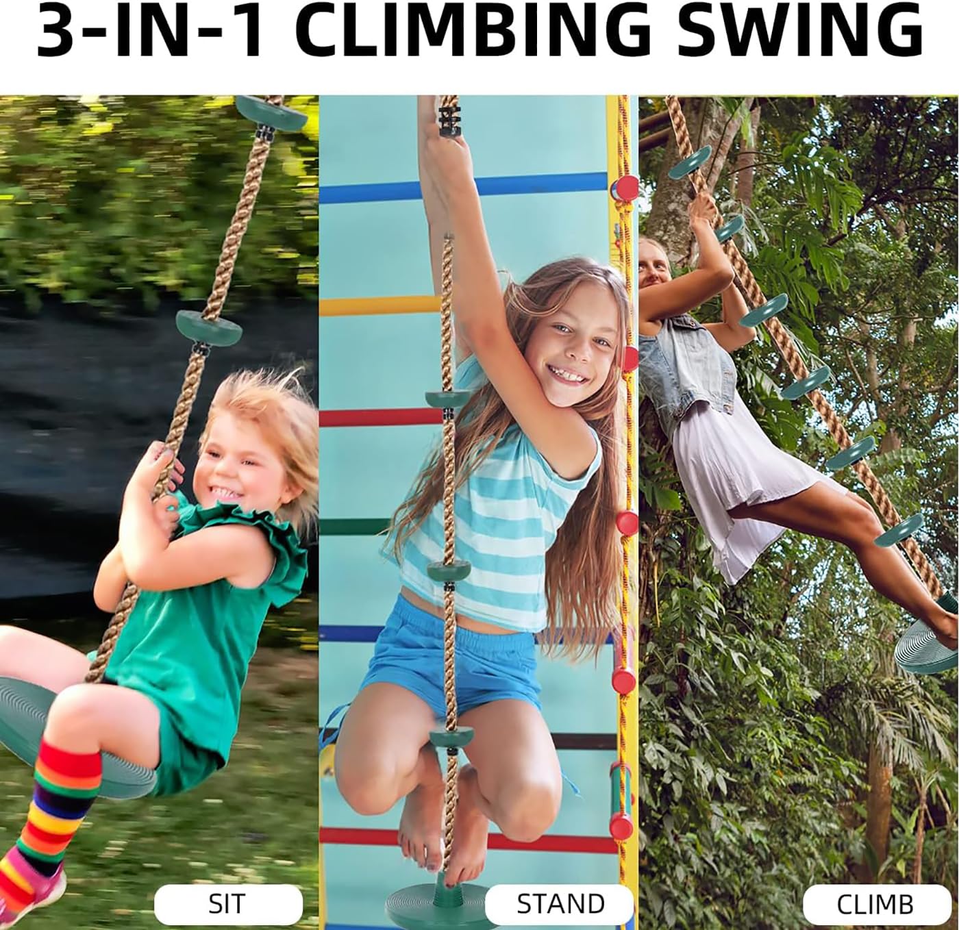 Altalena con Corda da Arrampicata, Altalena per Bambini da Esterno con Sedile Regolabile, Lunghezza della Corda Regolabile, Portata fino a 200 kg per Giardino, Parco, Parco Giochi (Verde)