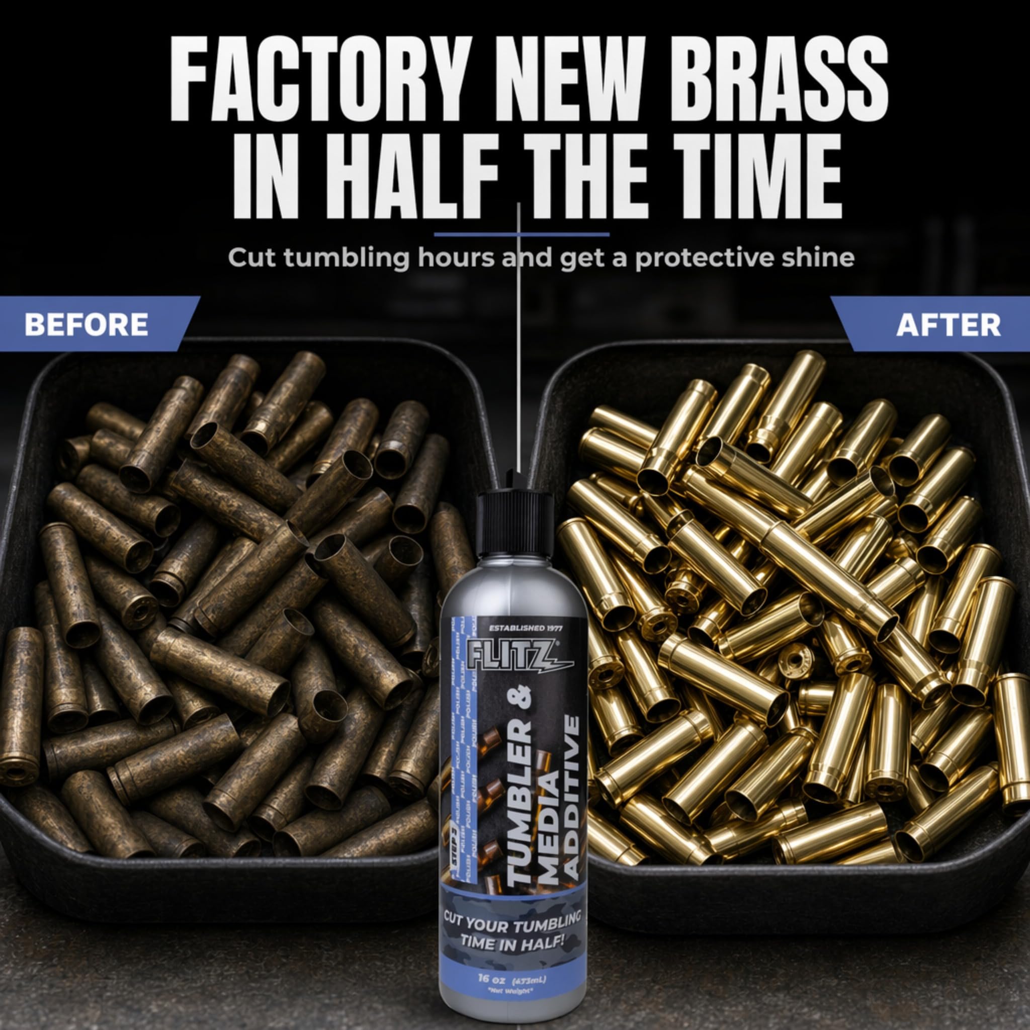 Flitz Tumbler Media Additiv, 473 ml Flasche Messingreiniger, Nachladeflüssigkeit für Munition, Kupfer und alle Metalle, Ammoniakfreie Tumbling-Politur zum Entfernen von Oxidation, Pulverrückständen (1