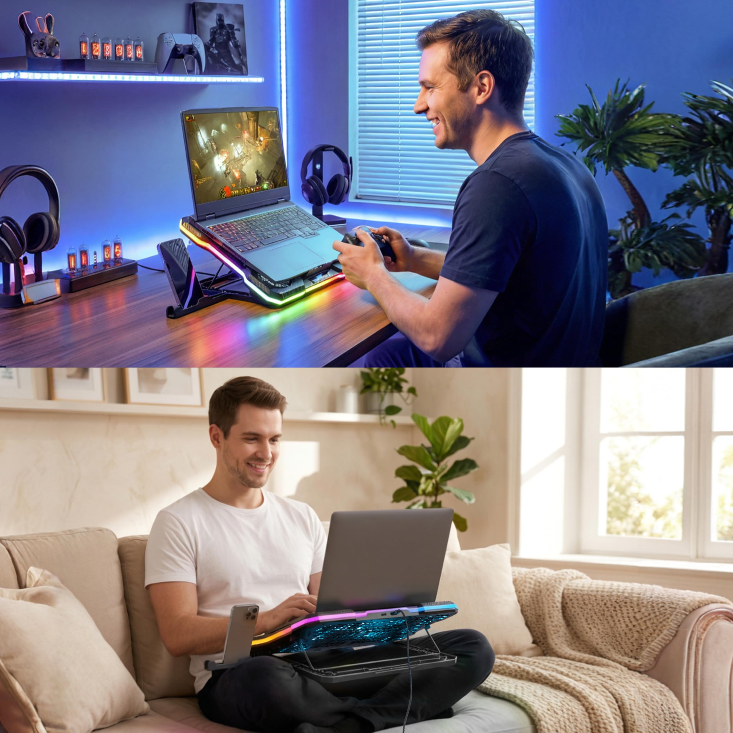 Laptop-Kühlpad MOOJAY mit 9 Leisen Lüftern für 14–19-Zoll-Notebooks, Gaming-Kühlständer mit 6 Einstellbaren Lüftergeschwindigkeiten, 10 RGB-Lichtmodi, 2 USB-Anschlüssen und Handyhalter