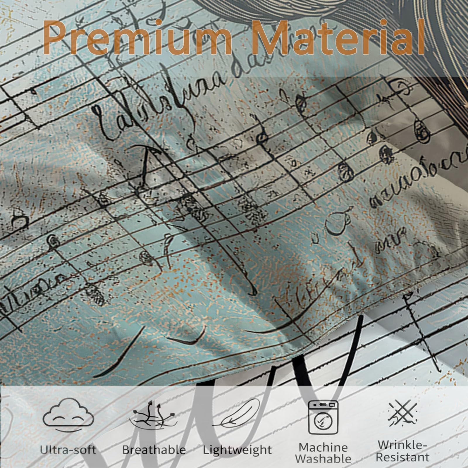 Coverless - Piumone reversibile con note musicali e strumenti musicali, 200 x 200 cm, stampato, matrimoniale, 4,5 tog, per tutte le stagioni, stile retrò, elegante, trapuntato, anallergico, grigio blu