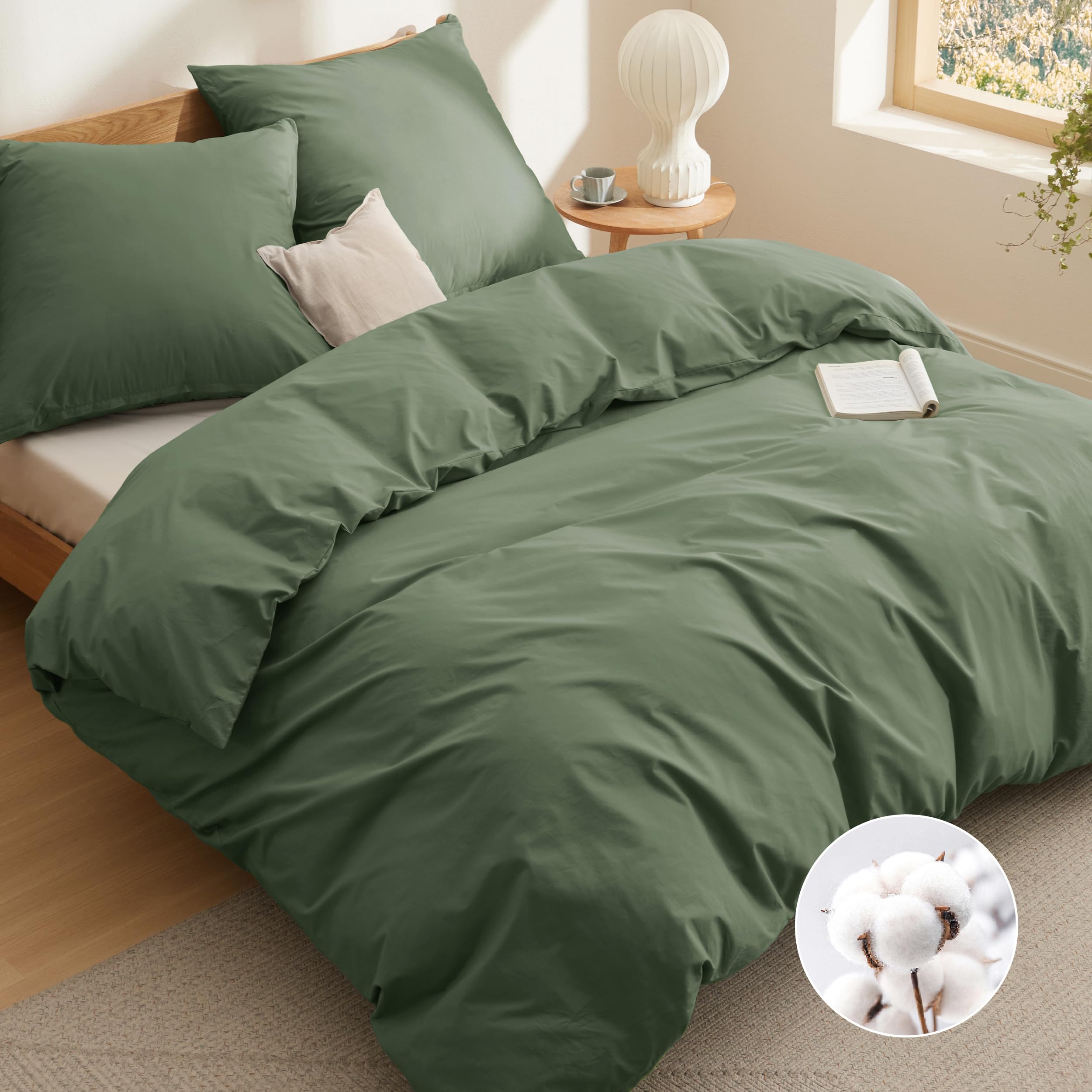 Bedsure Poszwa na kołdrę 240x220 - Parure w 100% z bawełny Certyfikat Oeko-Tex - Zestaw poszewek na kołdrę 220 x 240 + 2 poszewki na poduszki 65 x 65 cm z zamkiem błyskawicznym - Oliwkowa zieleń