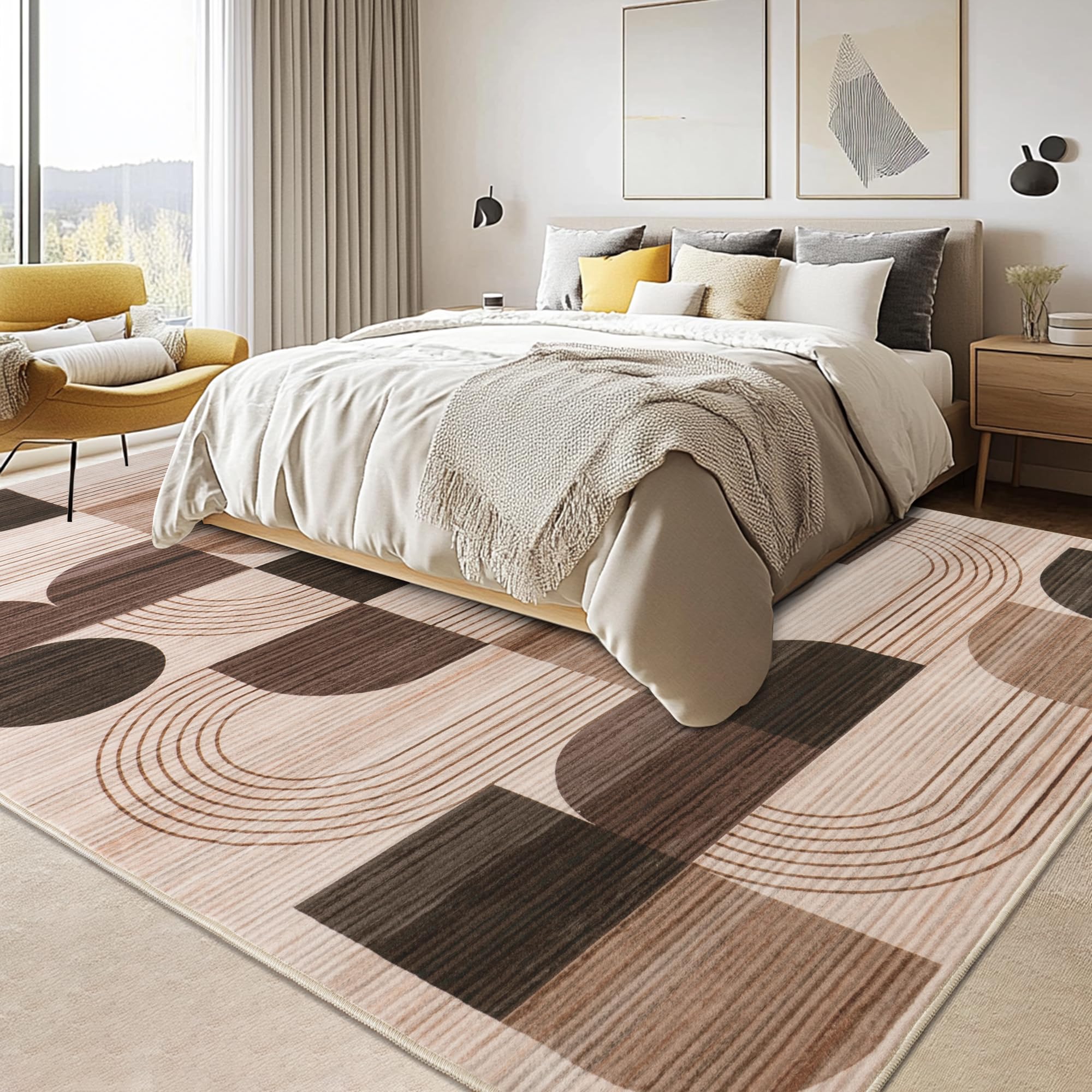 Tappeto per soggiorno, moderno motivo astratto, tappeto per soggiorno, cioccolato, 200 x 230 cm, a pelo corto, per soggiorno, lavabile, grande tappeto di lana per camera da letto, ufficio