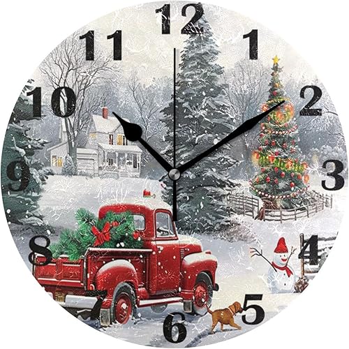 Pfrewn Reloj de pared de perro con camión rojo de invierno, silencioso, sin tictac, muñeco de nieve, copo de nieve, funciona con pilas, reloj de