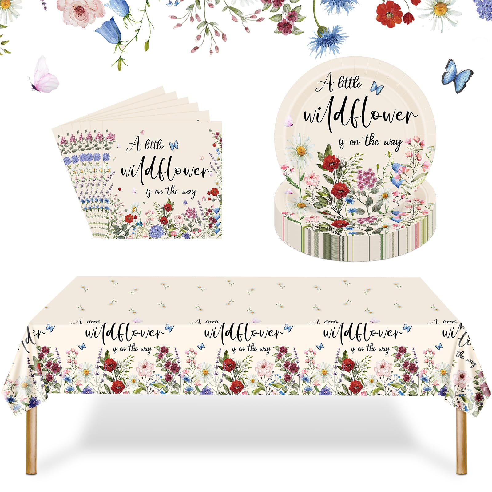 Funnymoom 61 Pcs Wildflower Party Decorations 7 Inch Floral Paper Plates, Napkins and Tablecloth Spring Summer Wild Floral Party Supplies For Birthday
