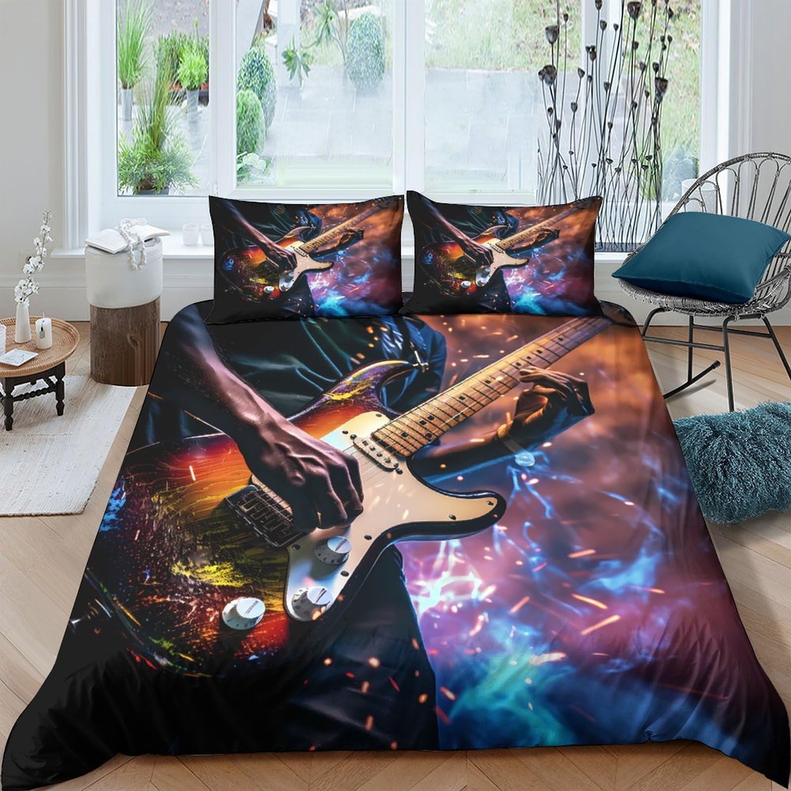 Ctjqhvkz Style-7 3D Printed Electric Guitar Fitted Sheet Microfiber Soft Decor Colorful Art Bed Cover For Bedroom Guest Room Single（135X200cm）