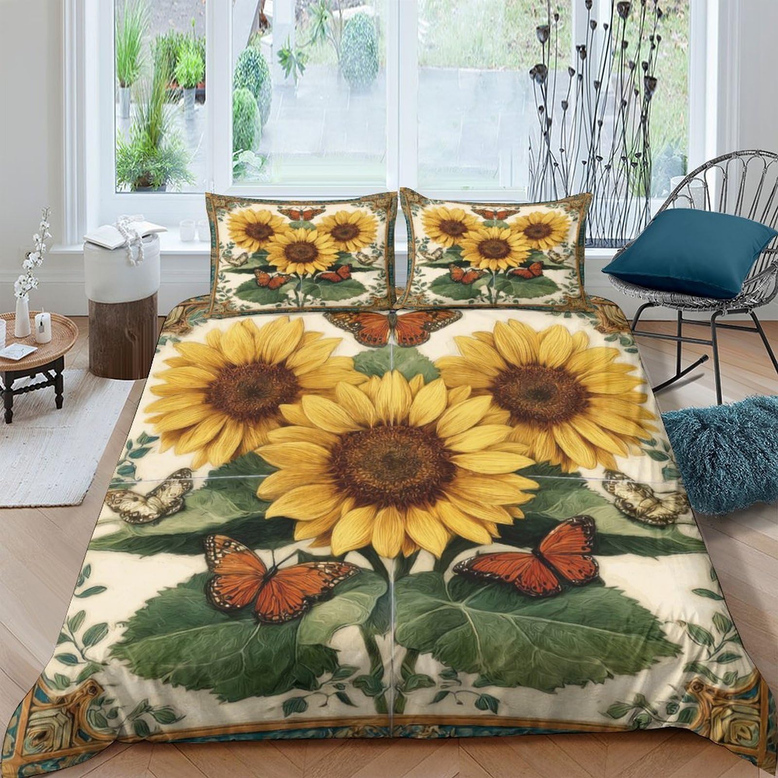 TUFRTGYHN 3D Printed Sunflower Butterfly Duvet Cover Microfiber Soft Breathable Floral Quilt Cover Set with 2 Pillowcases for Bedroom Home Decor Single（135x200cm）