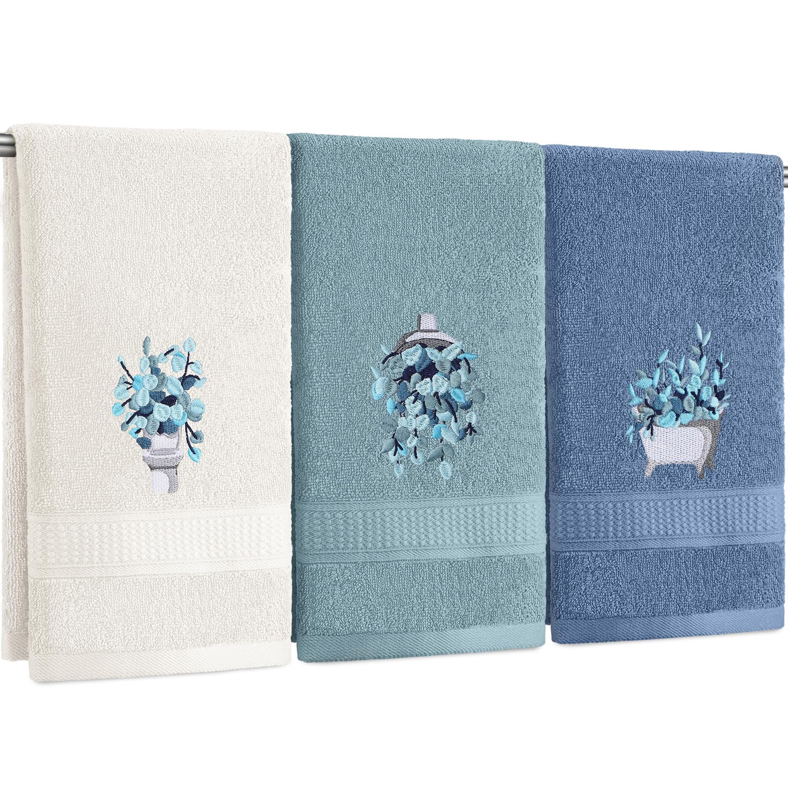 Photo 1 of *** CHECK COMMENTS***. FuWeave 3 Pcs Blue Eucalyptus Leaves Hand Towels Botanical Bathroom Decor Embroidered Floral Leaves Farmhouse Blue Decorative Towels for Bathroom Kitchen, 100% Cotton, 13.3 x 29.5''