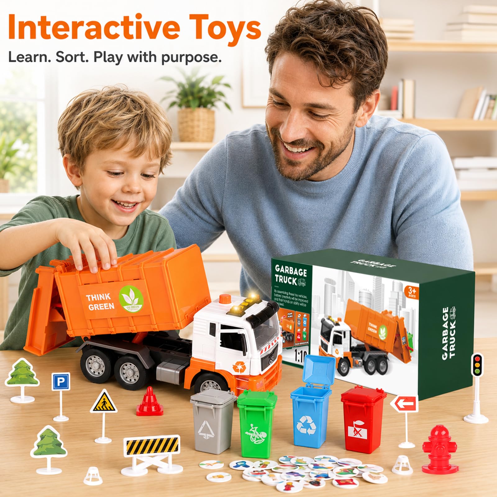 BunnyJOY Müllauto Spielzeug ab 3 4 5 6 Jahre Junge, Große Müllwagen Spielzeug mit Mülltonnen, Spielzeugautos Fahrzeuge, Geschenk Lernspielzeug für Kinder, Orange