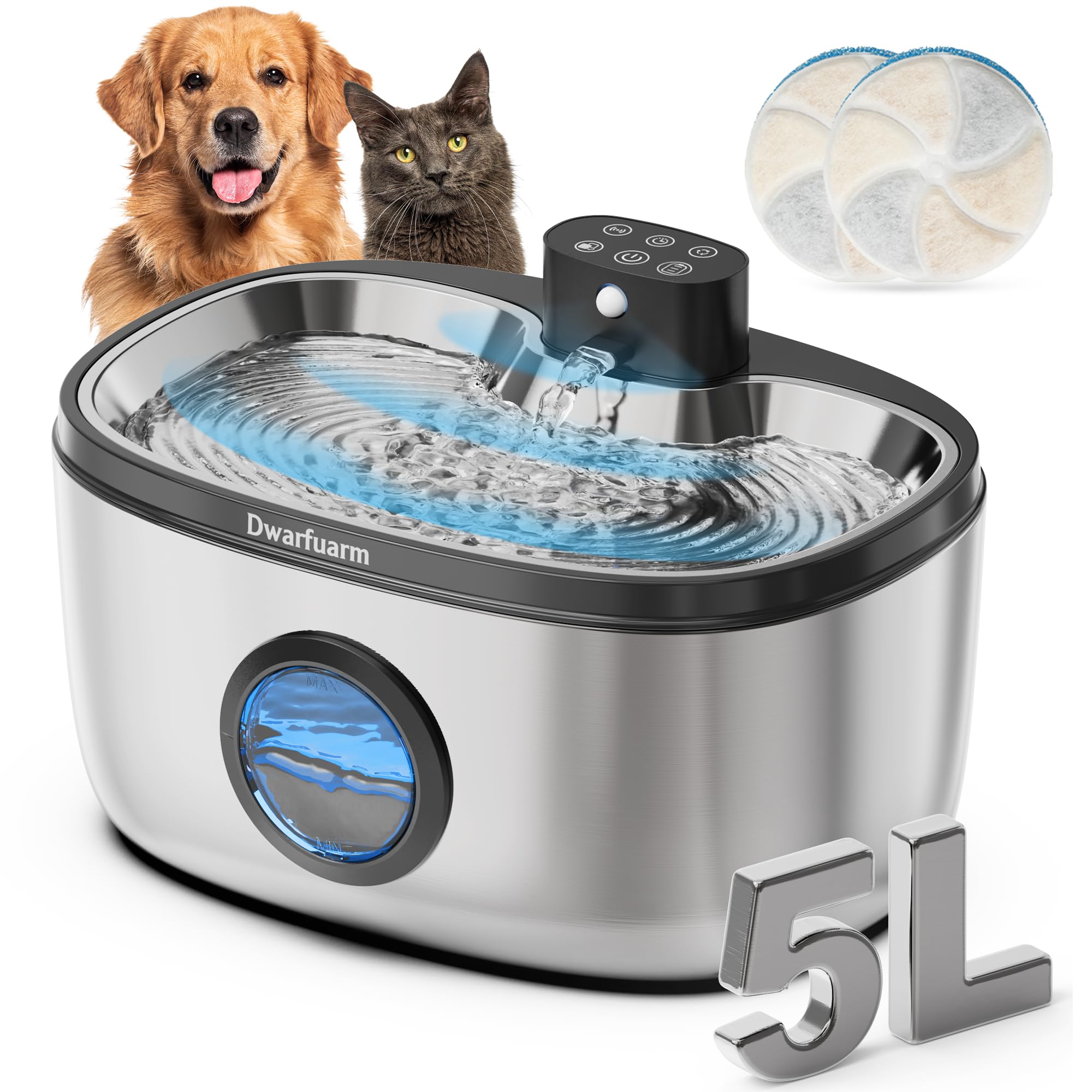 5L Trinkbrunnen für Hunde, Katzenbrunnen Kabellos mit 4000mAh, Edelstahl Hundebrunnen mit LED Sensor, 4-Schicht Filtration