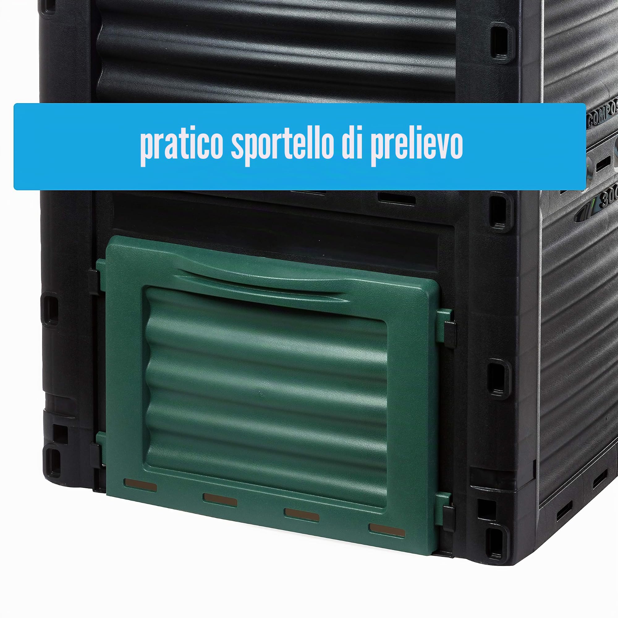 Compostiera modello Eco, compostiera rapida in plastica resistente, con coperchio ribaltabile, 300 litri (H83 x 61 x P61 cm), compostiera termica per rifiuti da giardino e cucina compost, 100%