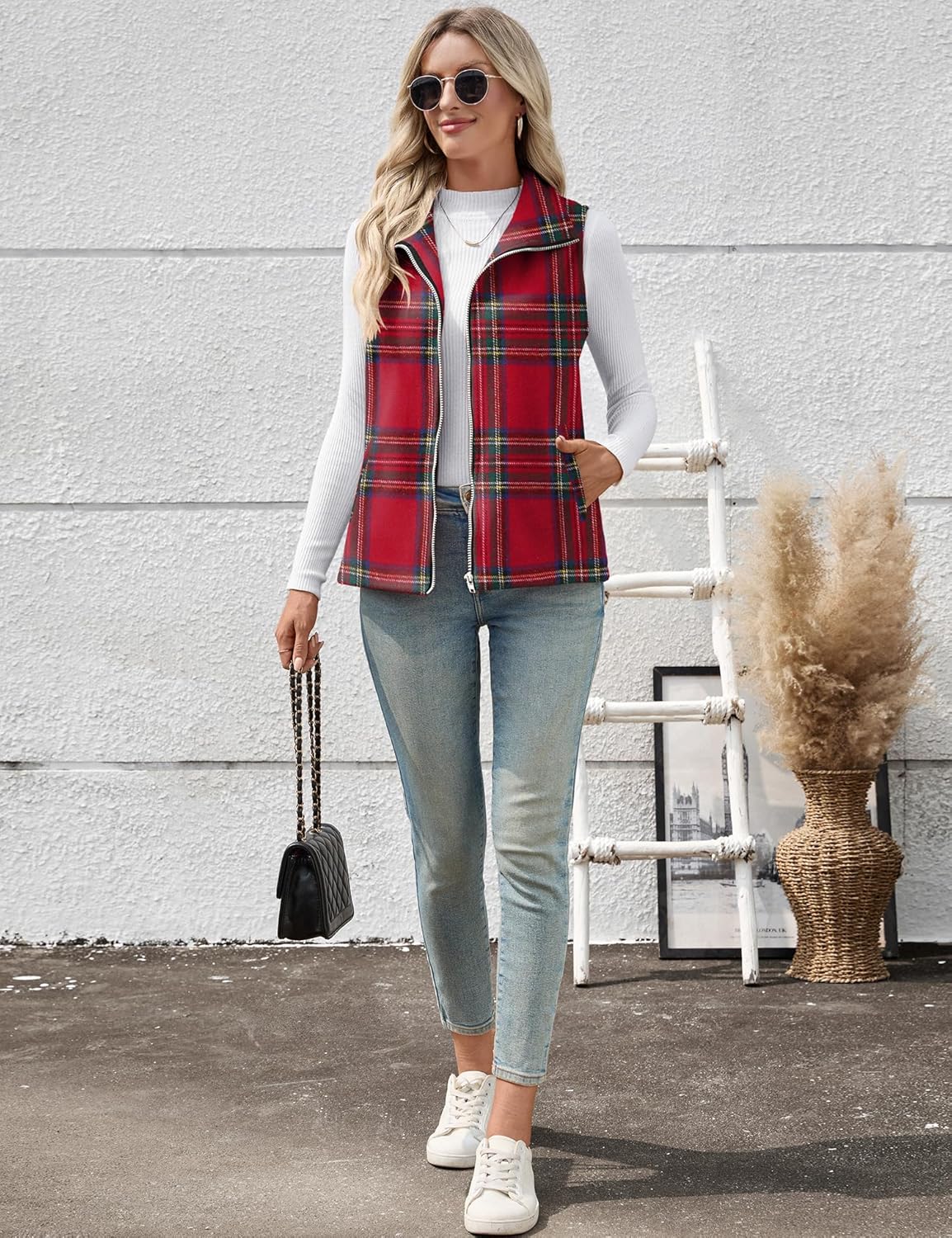 Rapbin Women's Plaid Outerwear Vests Tops Zip Up Collared Sleeveless Jacket with Pockects - Image 7