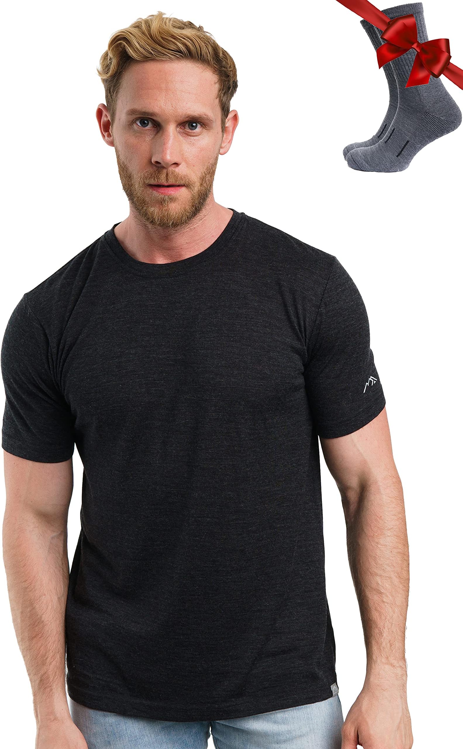 Merino Wool T-Shirt Mens - Merino Wool Undershirt Thermal Shirt for Men and Hiking Socks