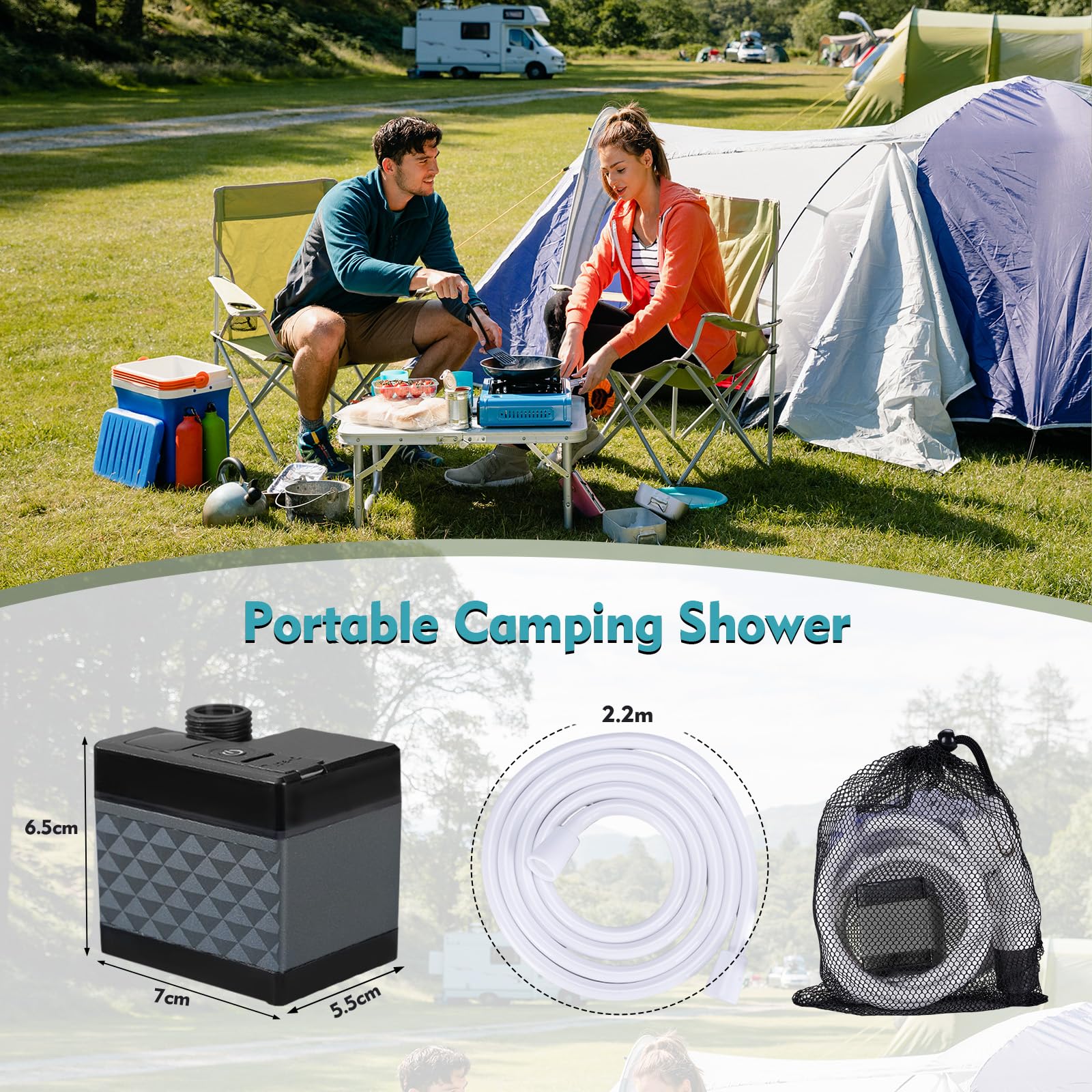 Campingdusche Akku 7500mAh, Tragbare Outdoor Dusche mit Wiederaufladbarer Pumpe | Duschkopf und 2m Schlauch, Mobile Dusche für Camping, Wohnmobil, Garten und Haustiere