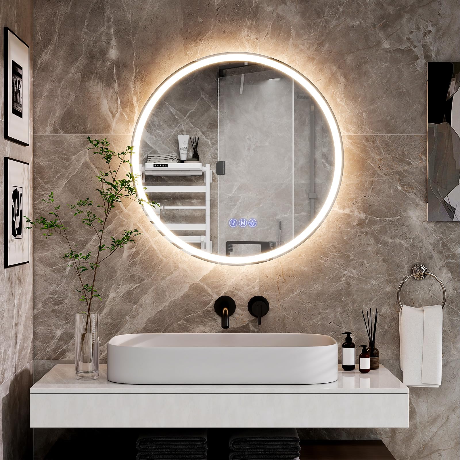 Koonmi runder LED Badspiegel 60 cm, dimmbar | Wandspiegel mit 3 Lichtfarben, Antibeschlagfunktion und bruchsicherem Glas für Badezimmer und Waschtisch