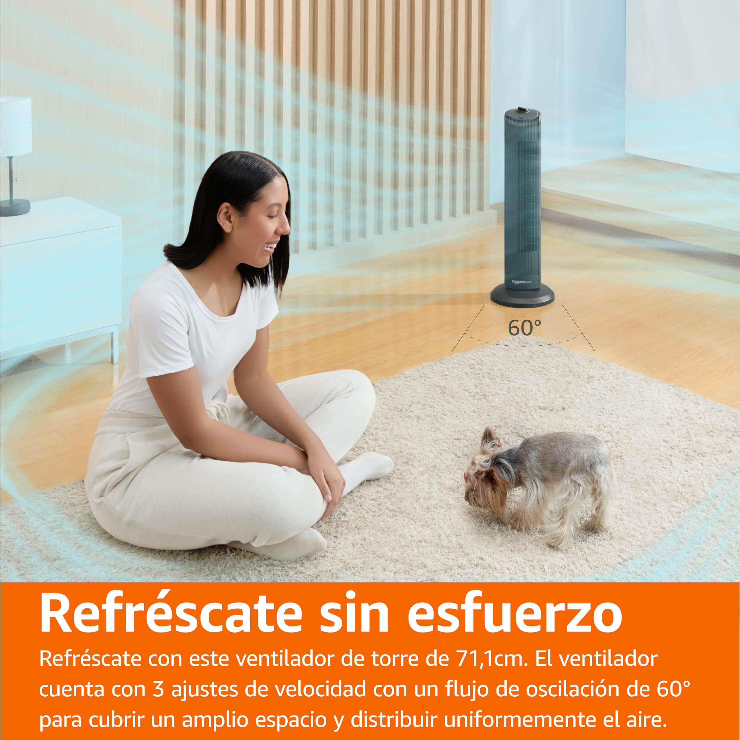 Amazon Basics Ventilador de Torre Oscilante de 71 cm con Ángulo de 60 Grados para Dormitorio, Sala de Estar, Oficina, 3 Velocidades, Control Mecánico Intuitivo, Negro Mate, 35W, 71 cm x 24 cm x 24 cm