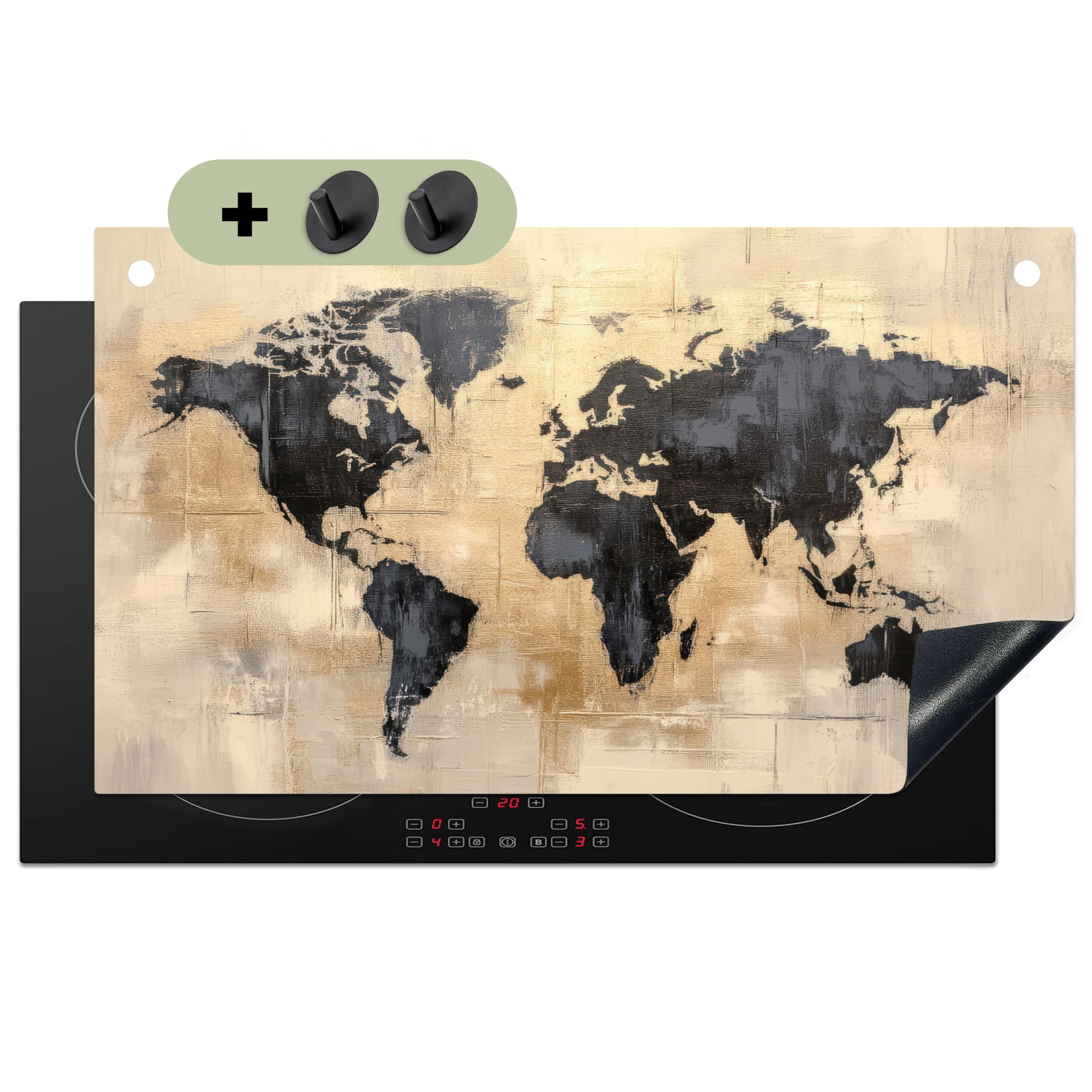 KitchenYeah© Cubre Vitrocerámica - Protector Vitroceramica Placa Induccion 52x90 cm - Antisalpicaduras Cocina, Encimera, Protectora Mapa del Mundo - Dorado - Negro - Abstracto