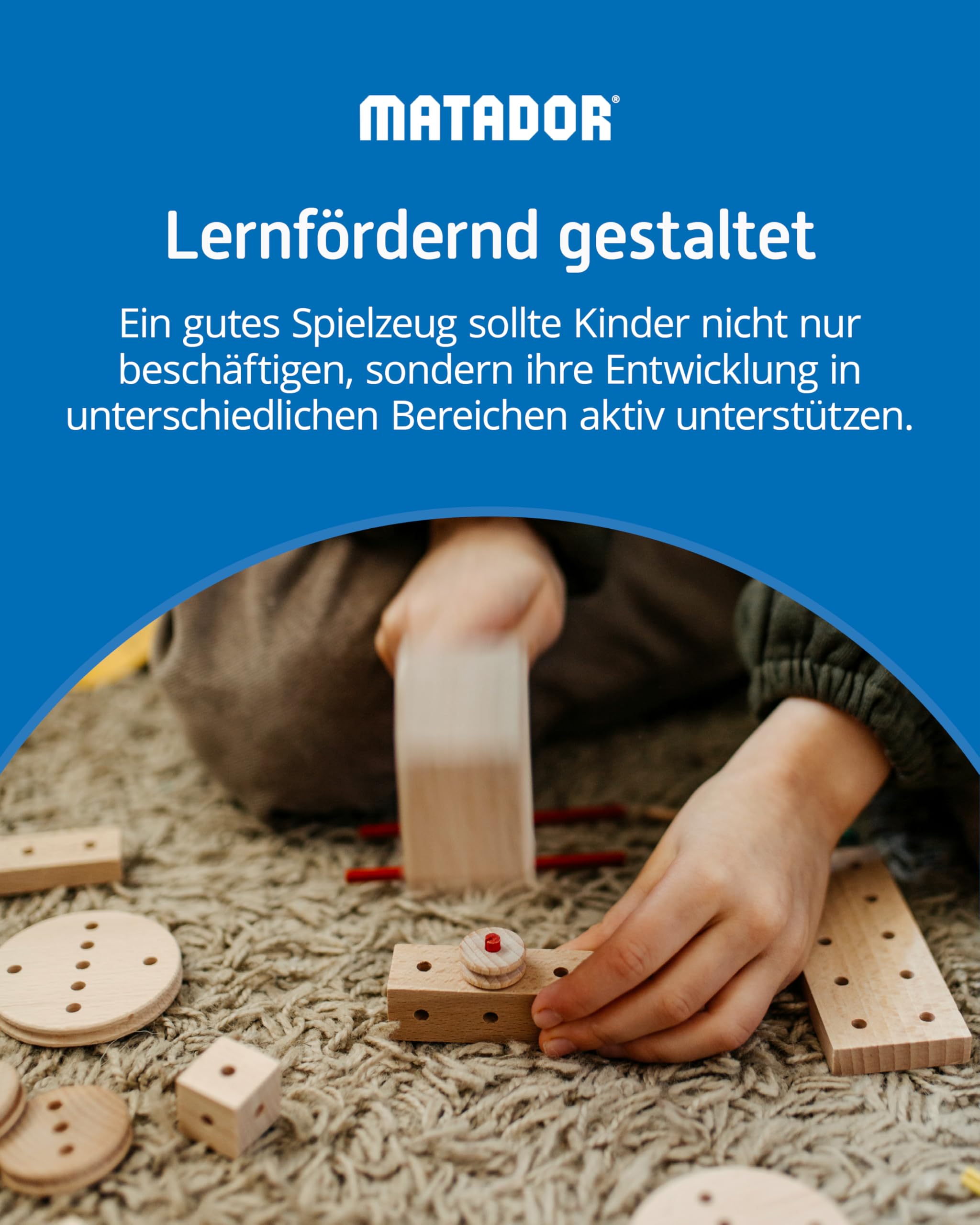 Matador Kinder Baukasten ab 5 Jahren 222-tlg. - Spannendes Holz Konstruktionsspielzeug zur Schulung von Kreativität und Feinmotorik, Bauspielzeug mit Stäbchen, Klötzen, Hammer & Zange