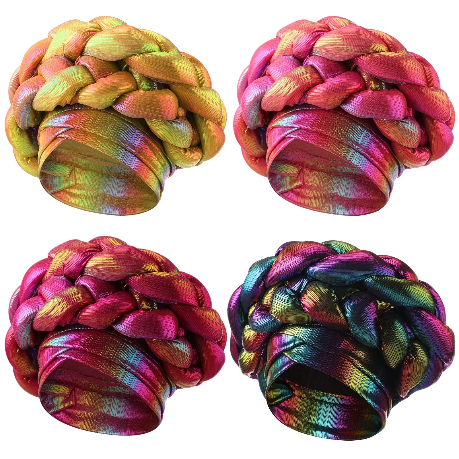 4 Pieces African Beanie Cap Head Wrap Pre Tied Head Wrap Turban Headwear Twisted Turbans for Girls African Attire for Women (Classic Colors)