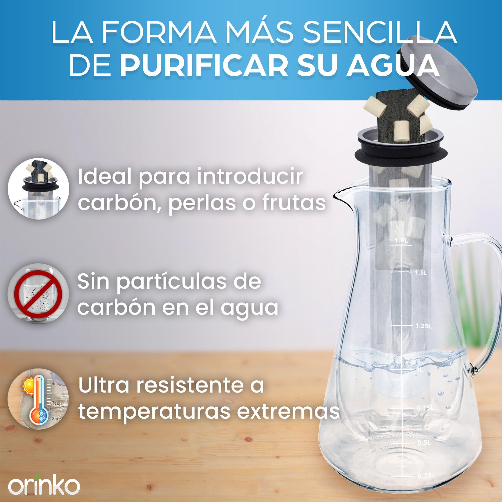ORINKO Jarra filtrante de cristal 1,6 L + carbón Takesumi japonés x2 + perlas de cerámica EM® x15 - carbón activado vegetal para purificación natural agua - filtración natural potente 2,5 L/bastón