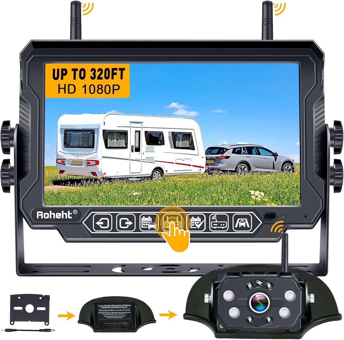 RV Backup Camera Wireless Strong Signal: HD 1080P 7'' Touch Key Recording Monitor Rear View System for Trailers/Trucks/5th Wheel 4 Channels Easy Setup Plug and Play for Furrion Pre-Wired Mount R9