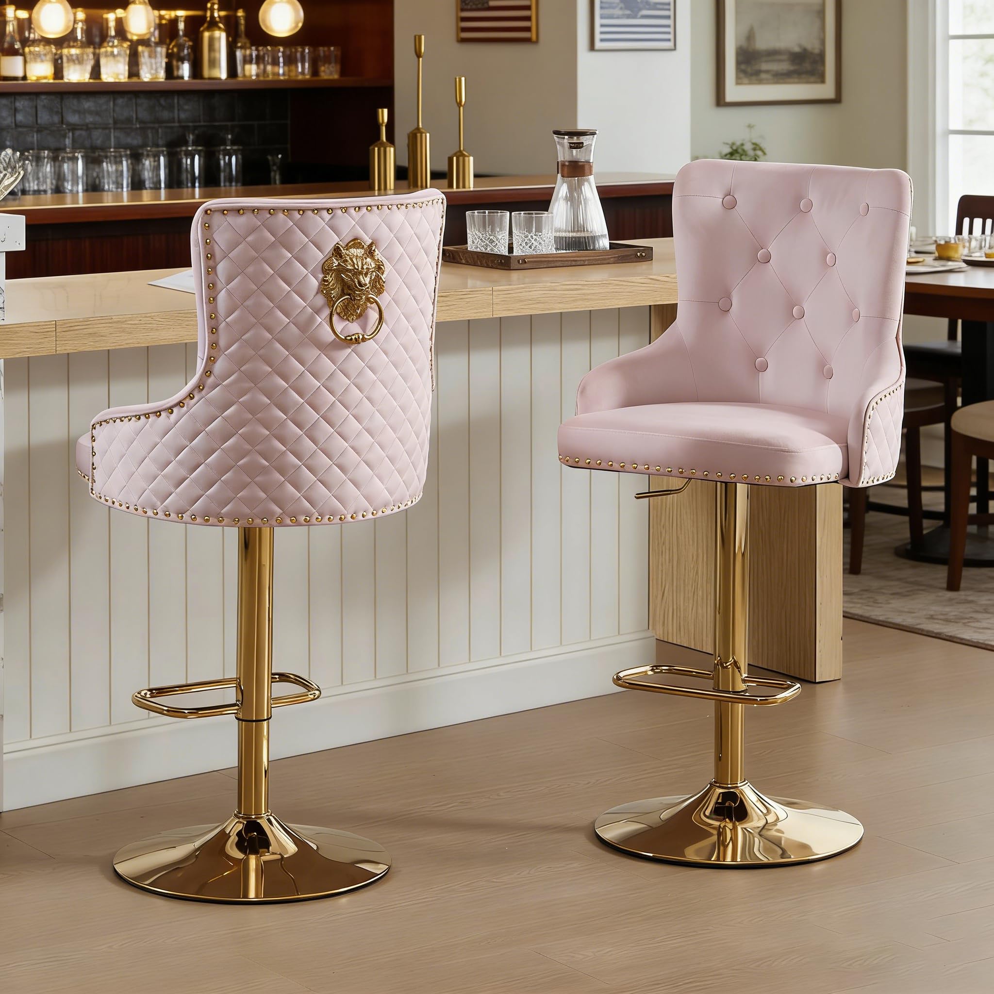 Relbiety Gold Velvet Swivel Bar Stools Set of 2, Modern Counter Height Stools Chairs with Lion Pull Ring,Adjustable Barstools with Golden Footrest/