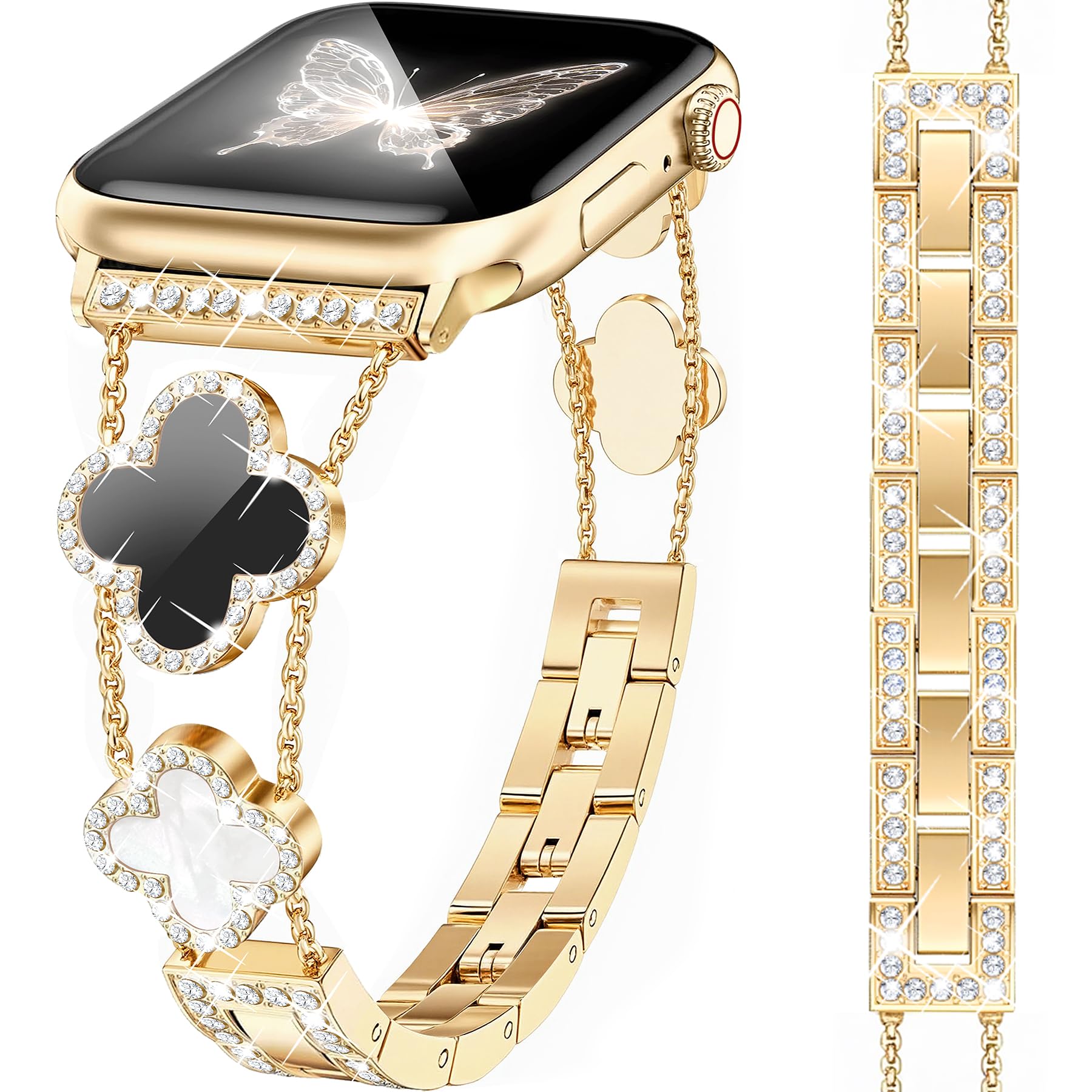 MOINSPIRE Gold Bling Diamond Clover Bands for Women Compatible with Apple Watch 40mm 38mm 41mm 42mm(S10/11) Lucky Cute Sparkle Dressy Bracelet Metal