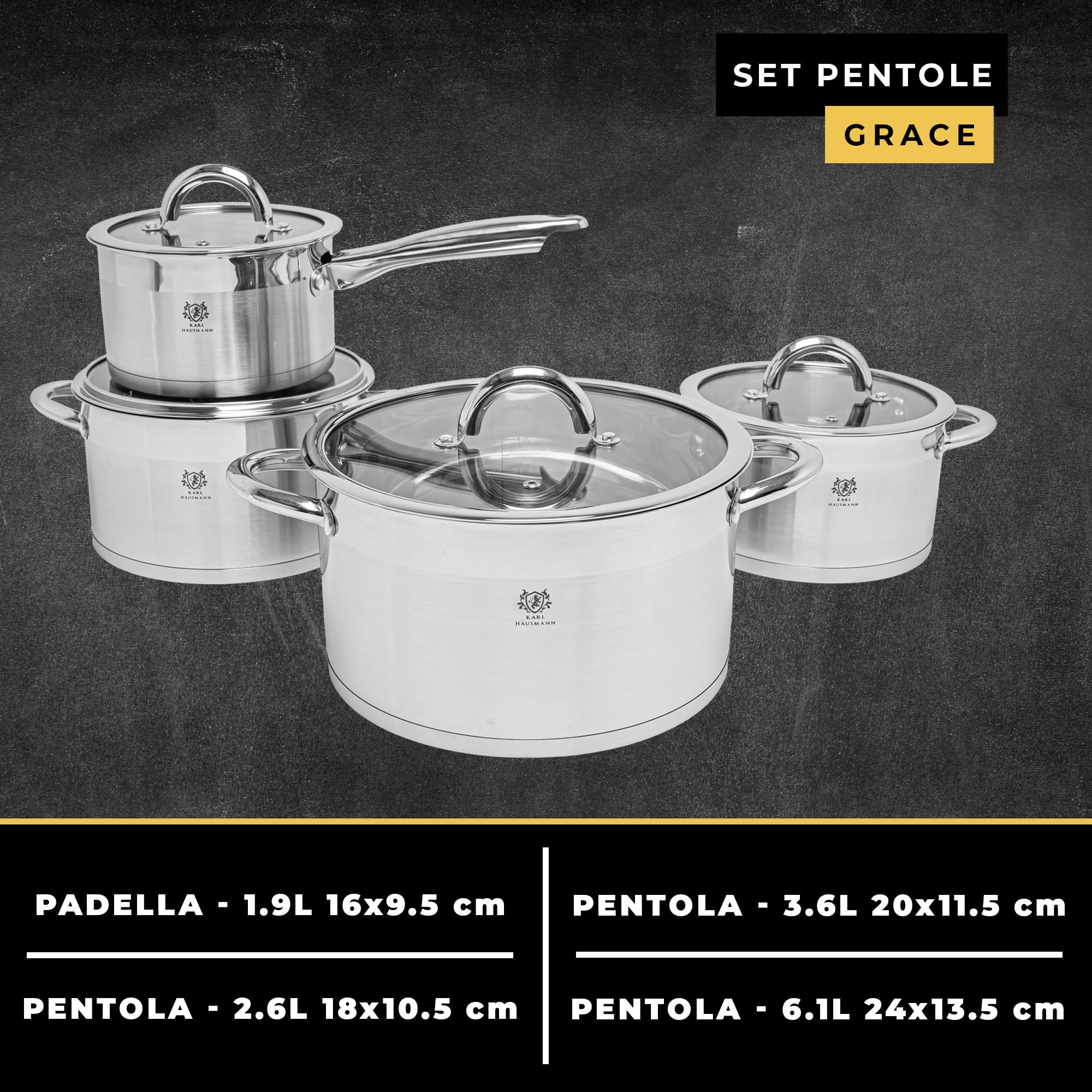 KARL HAUSMANN Set di Pentole Induzione - 4 Pezzi - Batteria di Pentole Acciaio Inox - Scala Interna - Pentola per Induzione, Gas, Elettrica e in Vetroceramica - Riscaldamento e Cottura Uniforme