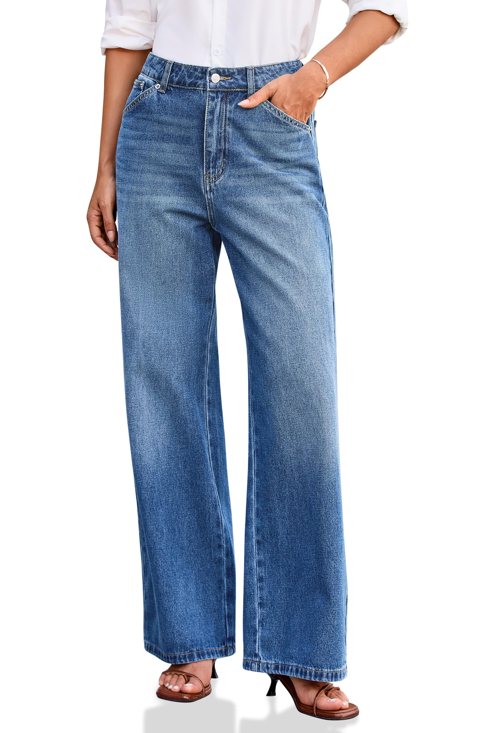 Cicy Bell Damen Jeans Baggy Weitem Bein Jeanshosen Mittlere Taille Denim Boyfriend Hosen mit Taschen