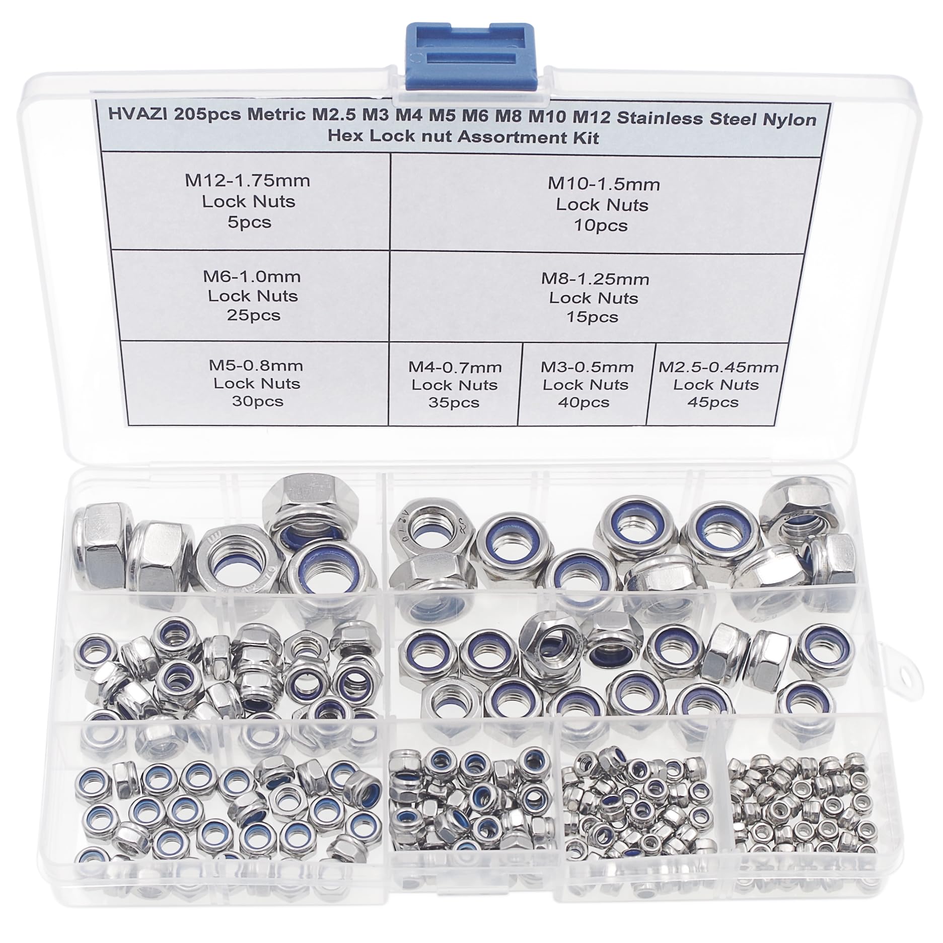 205pcs Metric M2.5 M3 M4 M5 M6 M8 M10 M12 Stainless Steel Nylon Hex Lock Nut Assortment Kit