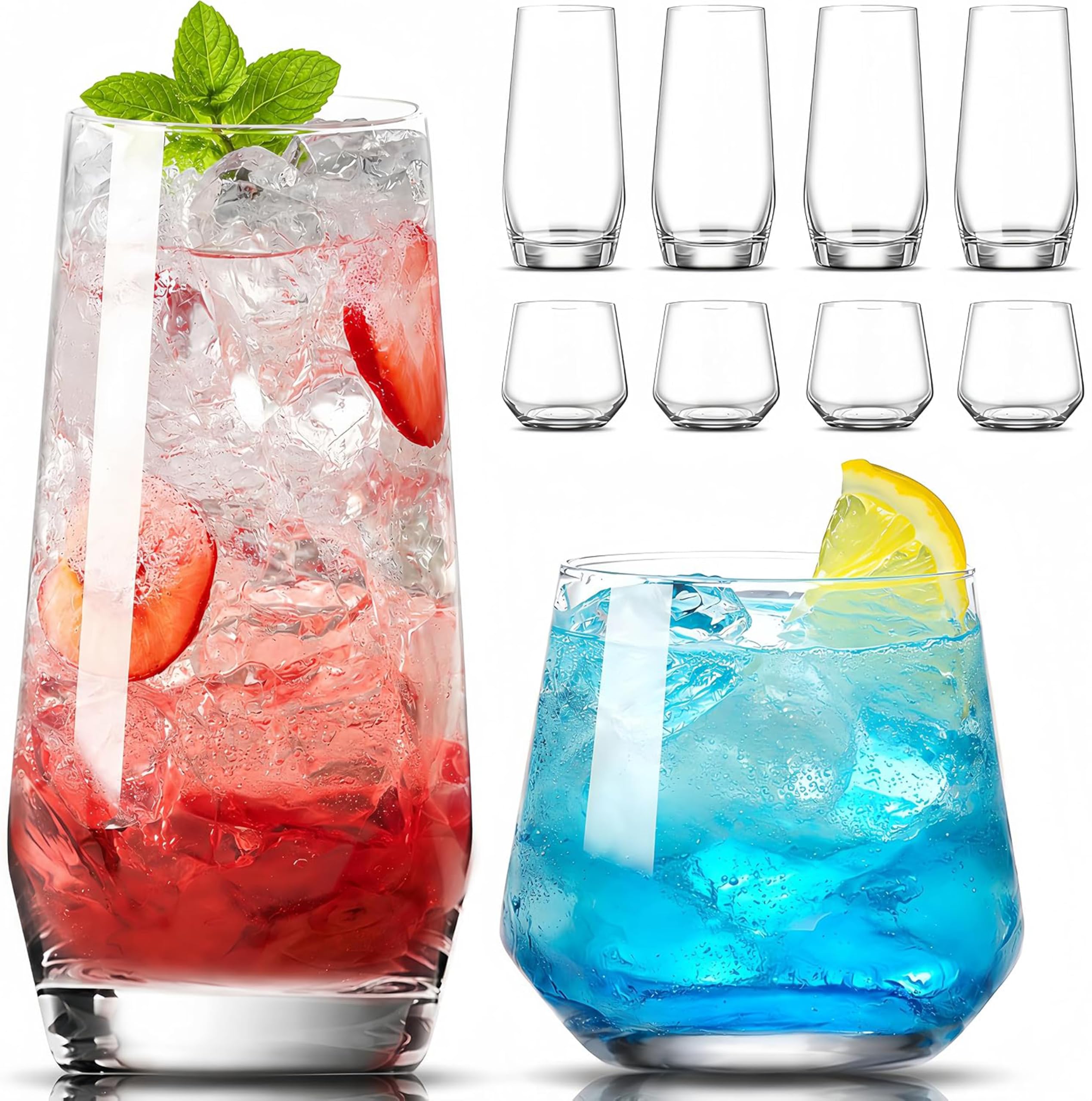 Large &amp; Small Drinking Glasses Set of 8-4 Tall Glass Cups 18 oz &amp; 4 Short Stemless Wine Glasses 13 oz, Highball Glasses, Glassware Sets for Cocktail, Beer, Wine, Whiskey, Water &amp; Juice Drinkware