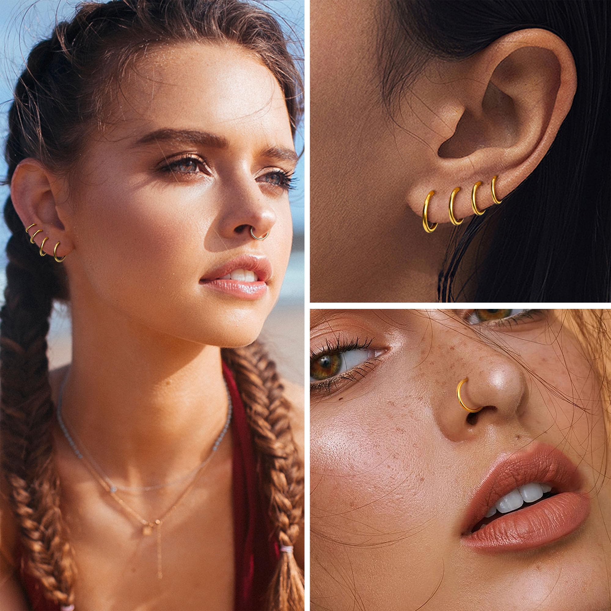 MILACOLATO 8Pcs 16G Surgical Steel Hinged Clicker Segment Nose Rings Hoop Helix Cartilage Daith Ohr Tragus Sleeper Earrings Body Piercing 6-12MM — view 6