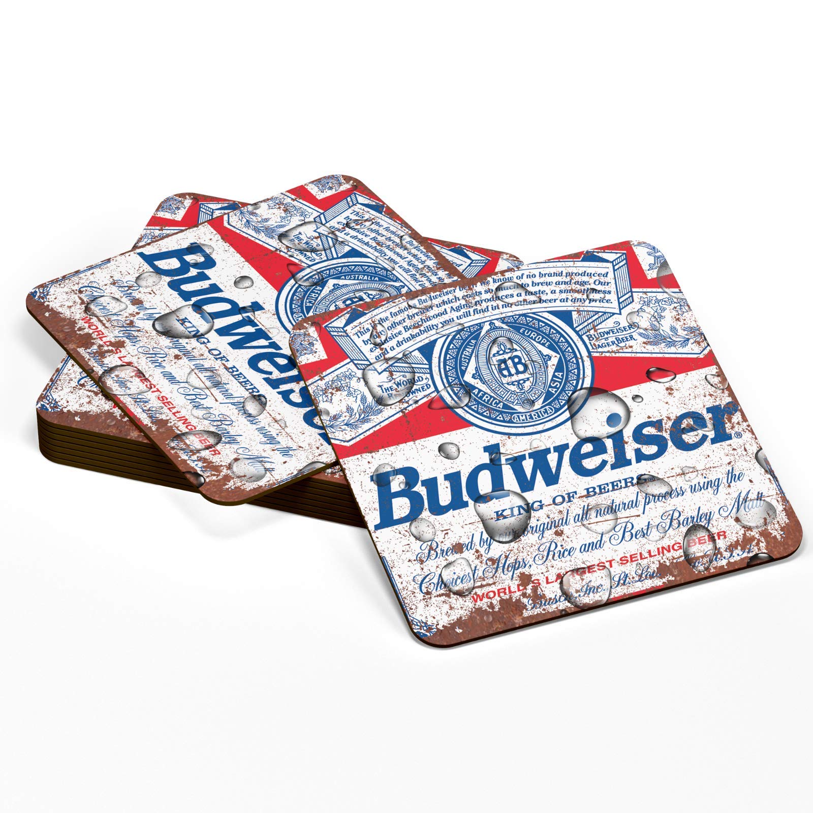 2 Budweiser Hard Wood Bar Coasters Wooden Beer Mats Glass Place Mats Hard Wearing Retro Vintage Style Gifts for Him Men Mens Coaster Bar Gifts for Home Pub or Man Cave Bar Mats